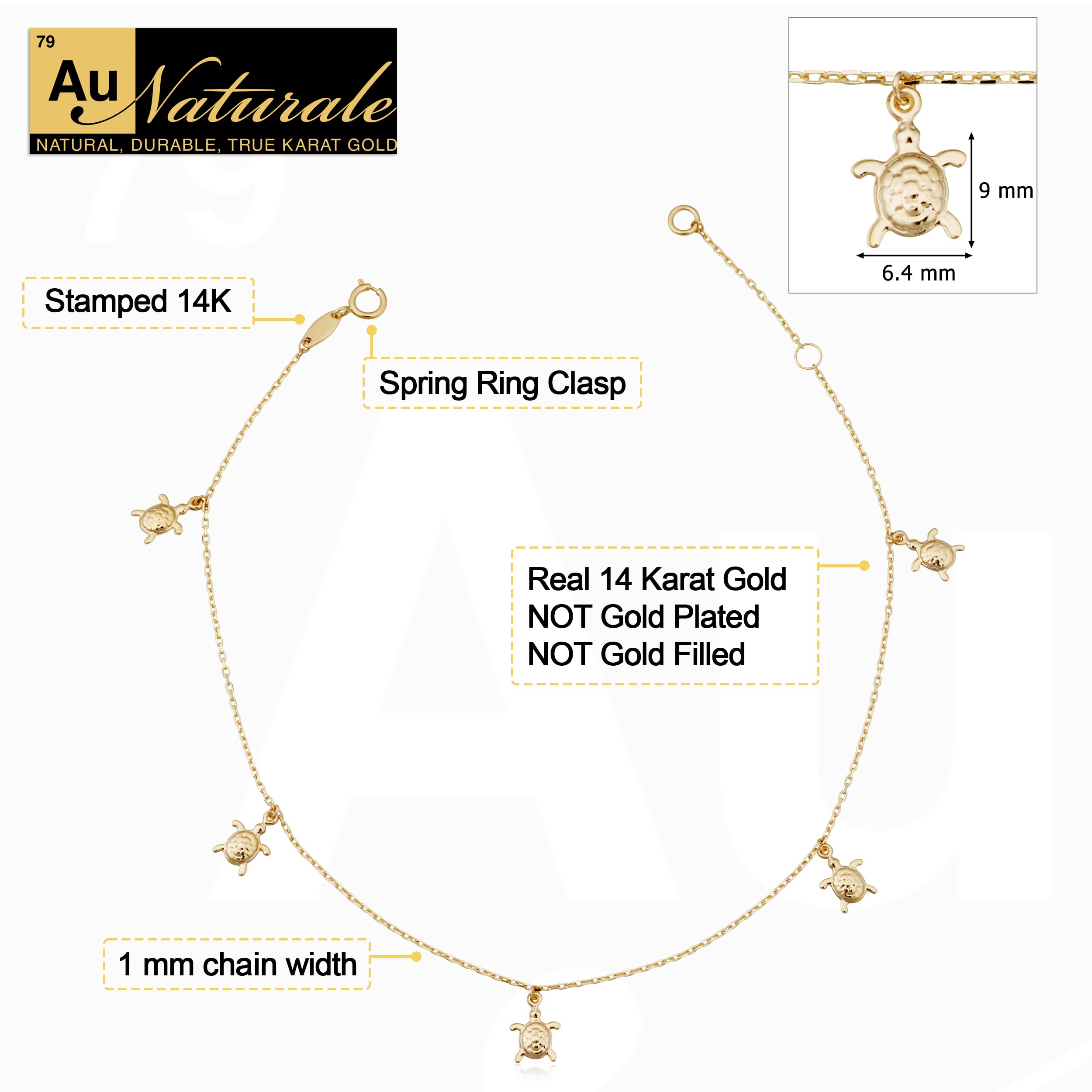 14K Yellow Gold Turtle Charm Adjustable Anklet Bracelet - 9 to 10 Inch Adjustable Length - Perfect for Beach Vacations, Summer Outfits & Boho Jewelry Collection