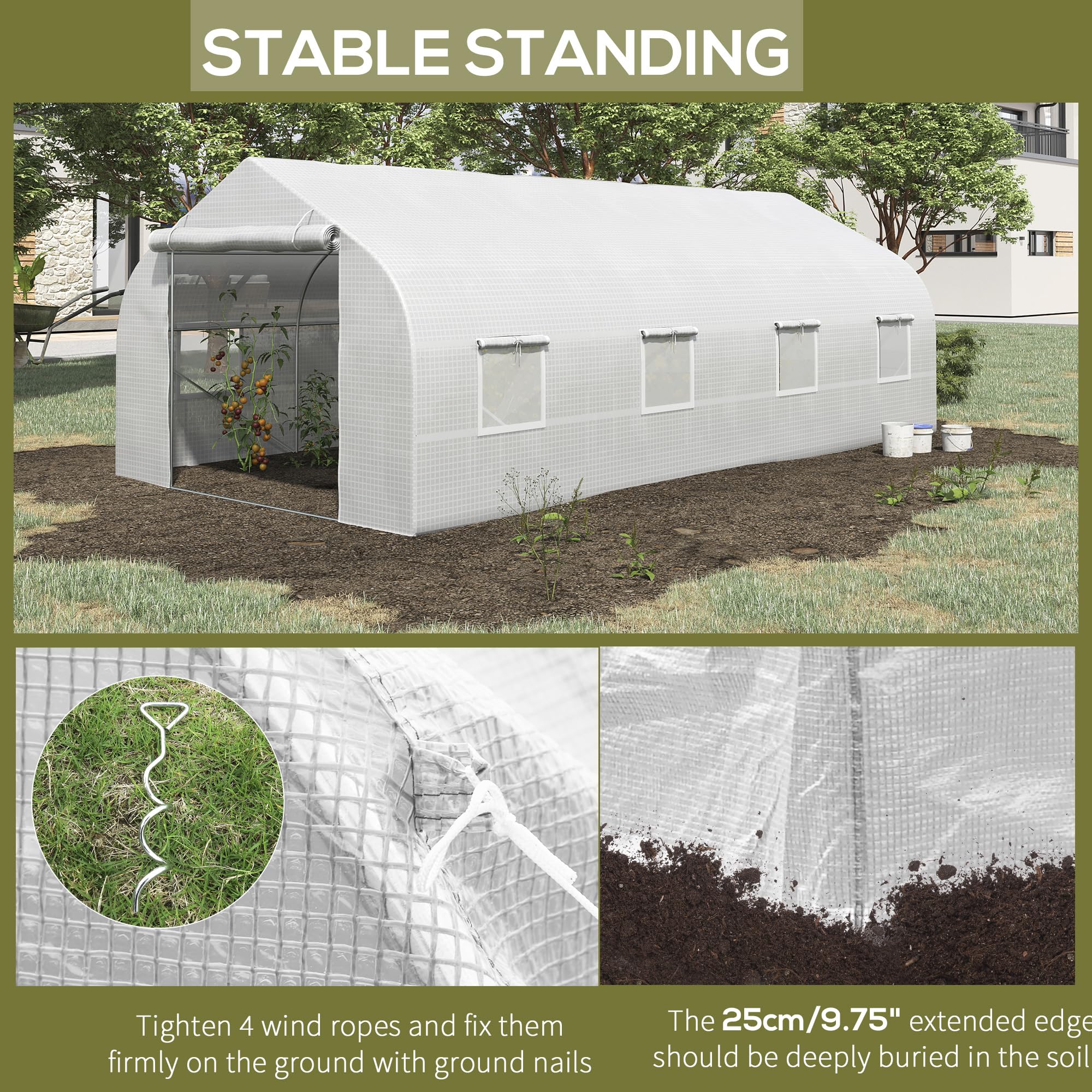 Outsunny 20' x 10' x 7' Walk-in Greenhouse with Galvanized Steel Frame - Large Hoop House Kit with Zippered Door & 6 Windows for Gardening, Plant Growing & Backyard Farming - Perfect for Vegetables, Flowers & Seed Starting (White)