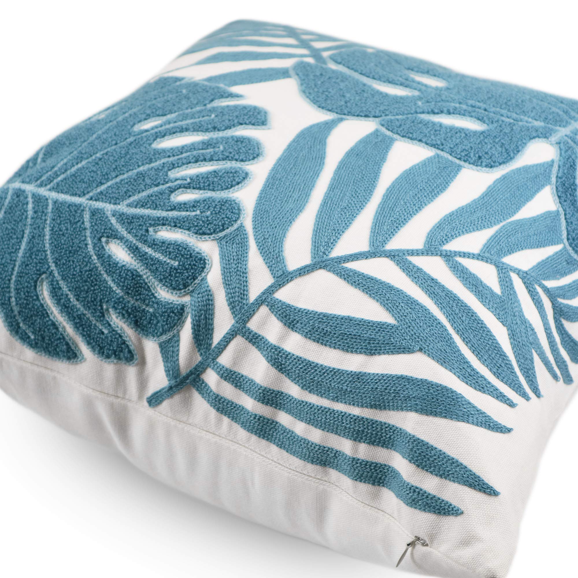 18x18 Light Blue Tropical Leaf Embroidery Throw Pillow Cover - 100% Cotton Cushion Cover for Sofa, Couch & Floor - Monstera Leaf Design Home Décor - Perfect for Living Room, Bedroom & Boho Style Decor (1 Piece)