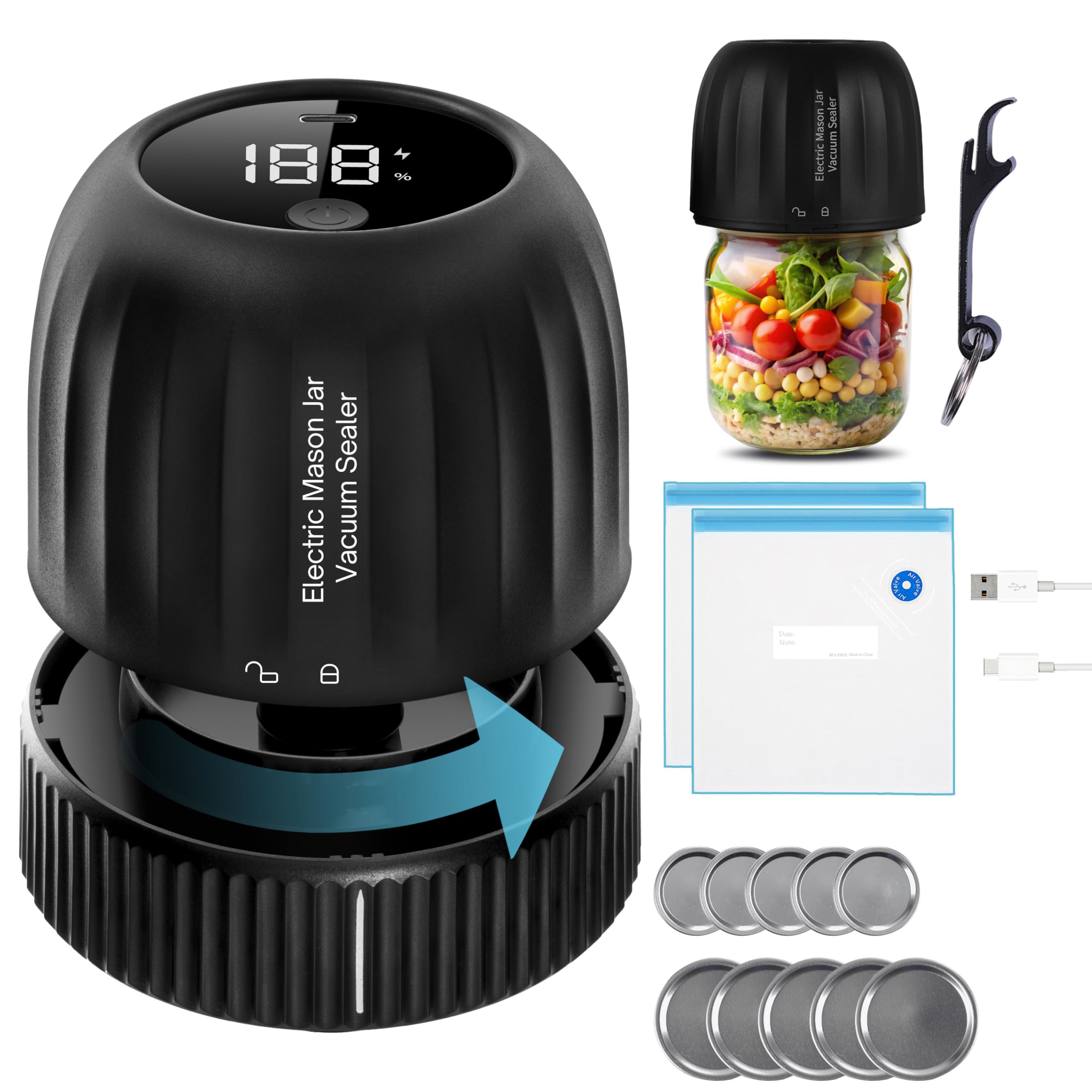 3-in-1 Electric Mason Jar Vacuum Sealer Kit - Wide & Regular Mouth Jar Sealer with Auto-Stop, Anti-Slip Grip & Opener - Includes Lids & Vacuum Bags for Food Storage, Meal Prep & Canning - Perfect for Home Kitchen, Camping & Emergency Food Preservation