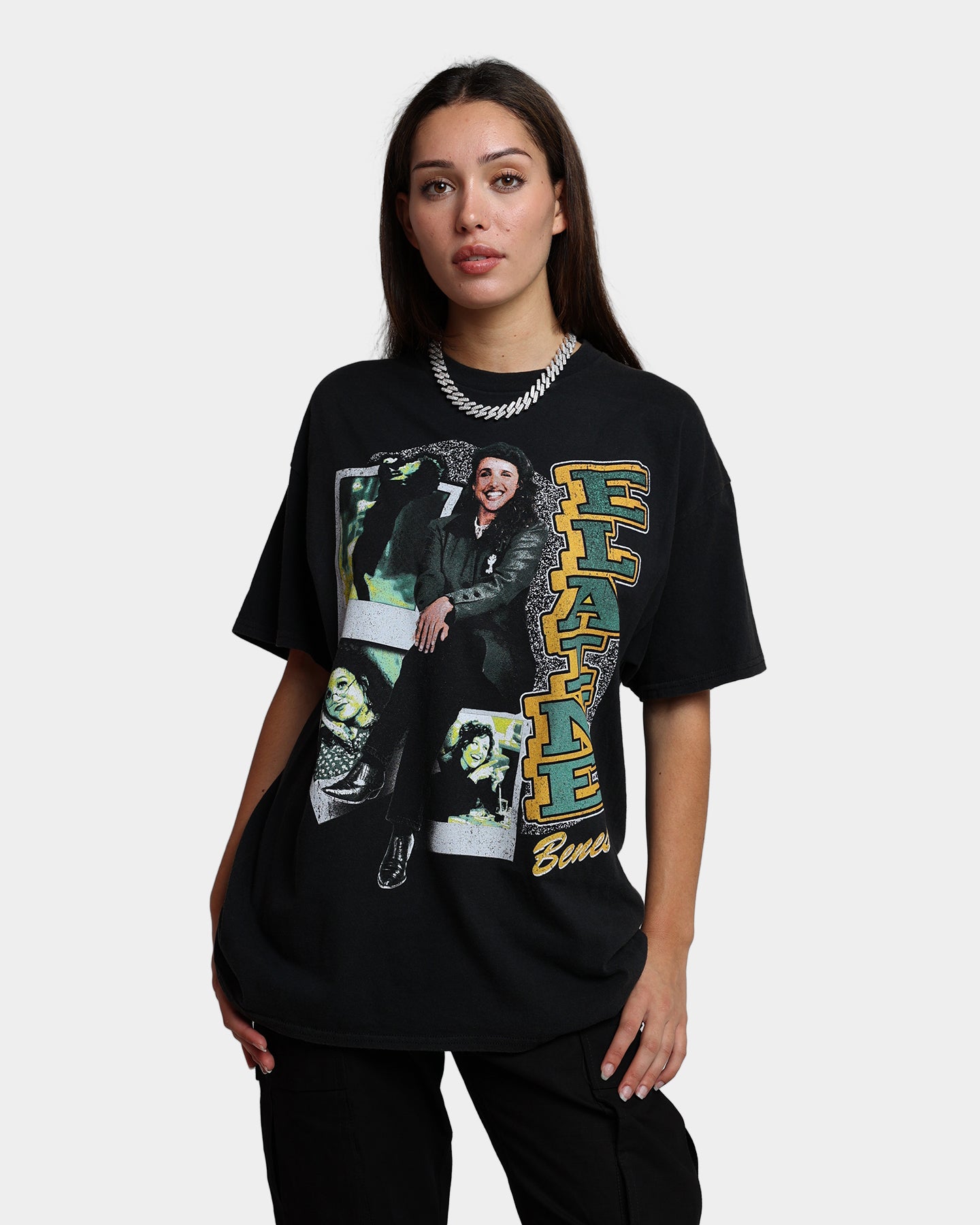 Vintage Seinfeld Elaine T-Shirt - Washed Black Retro TV Show Tee for Fans - Perfect for Casual Wear, Cosplay, and Gift Giving