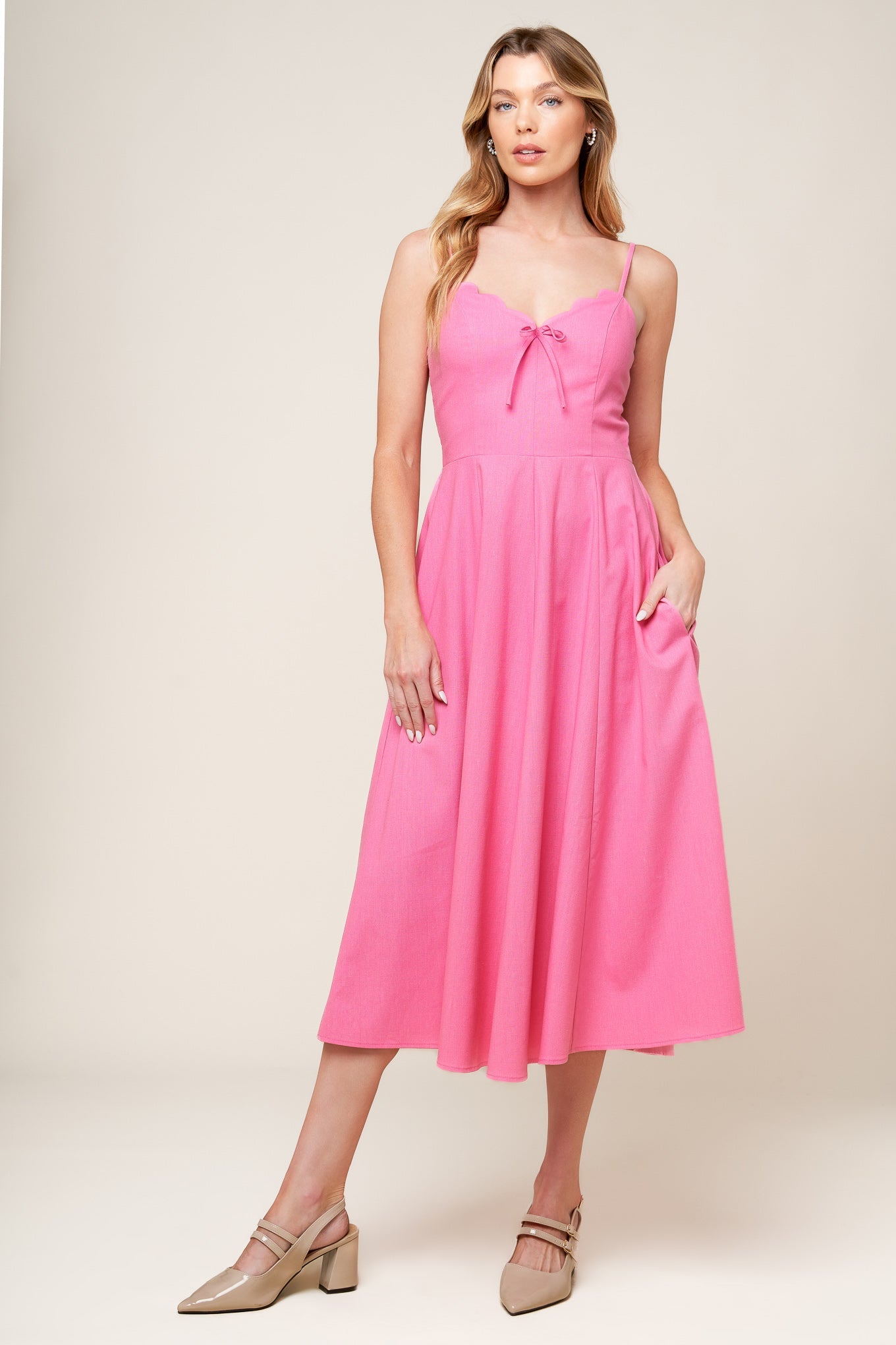 Elegant Pink Midi Dress with Center Bow - Perfect for Weddings, Parties & Special Occasions