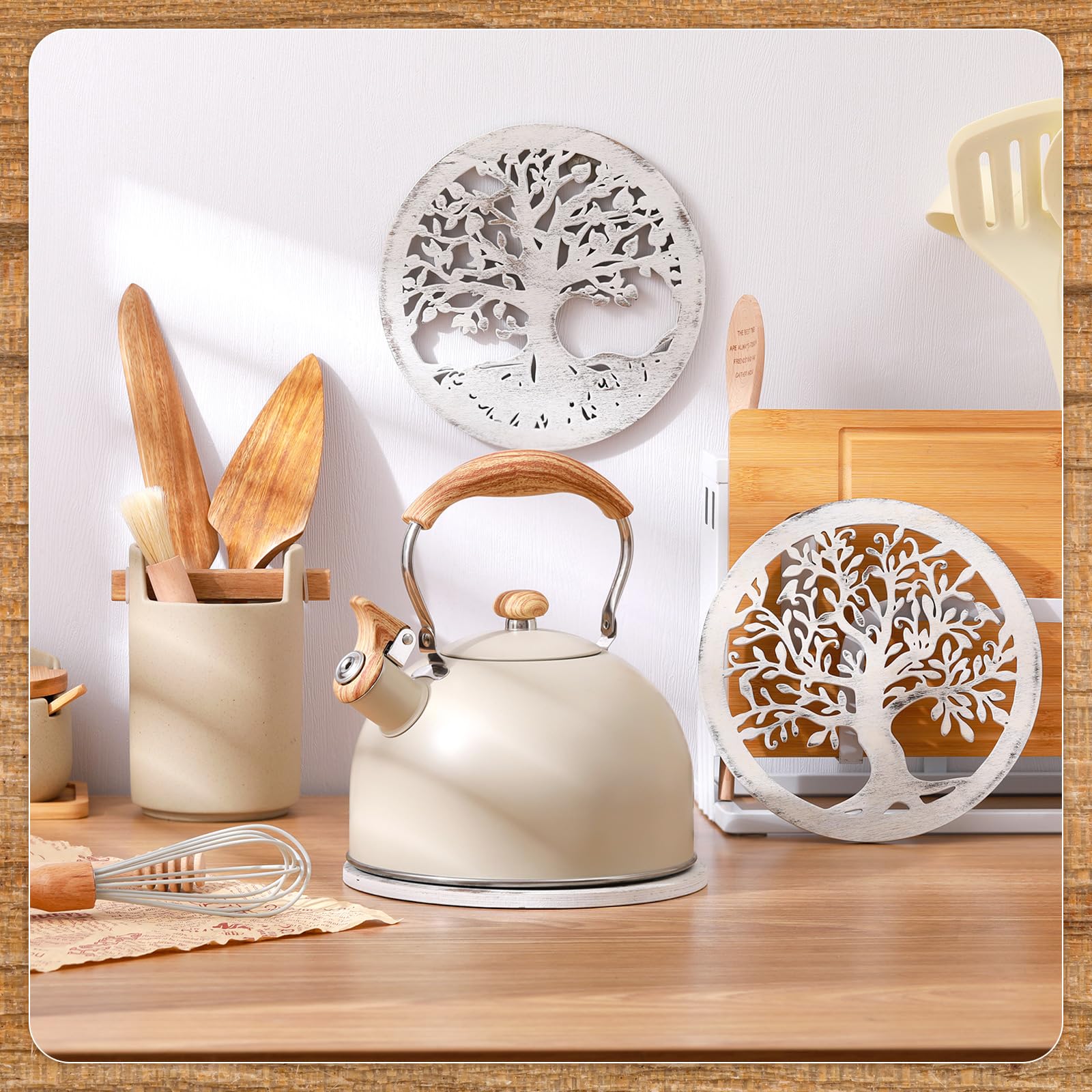 3 Pcs Wooden Trivets - 8 Inch Rustic Round Heat Resistant Pot Holders for Kitchen, Dining Table, Hot Dishes & Tea - Farmhouse Style Home Decor (White) | Perfect for Holiday Meals, Cozy Winter Gatherings & Farmhouse Kitchen Protection