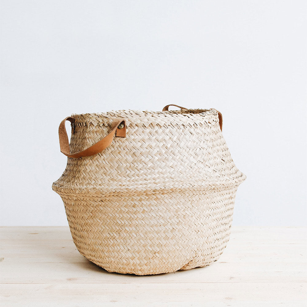 Quinn Leather Handle Belly Basket - Stylish Storage for Home Decor, Nursery, or Gift Giving
