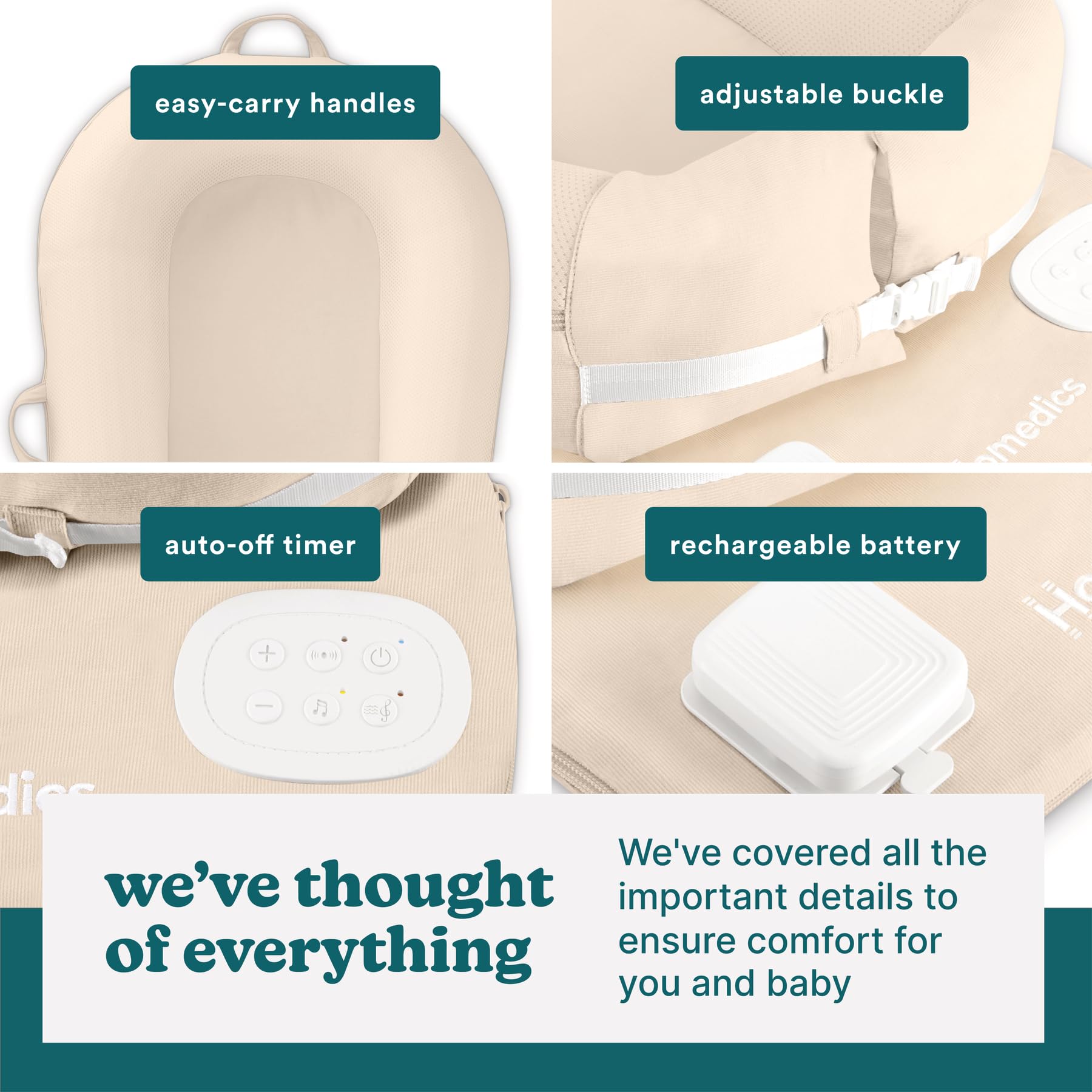 Homedics 3-in-1 Calming Baby Cushion with Soothing Sound & Vibration - Rechargeable & Machine Washable Infant Comfort Pillow for Newborns & Babies - Safe Snuggling Sensation for Nursery, Car Seat & Stroller (Tan)