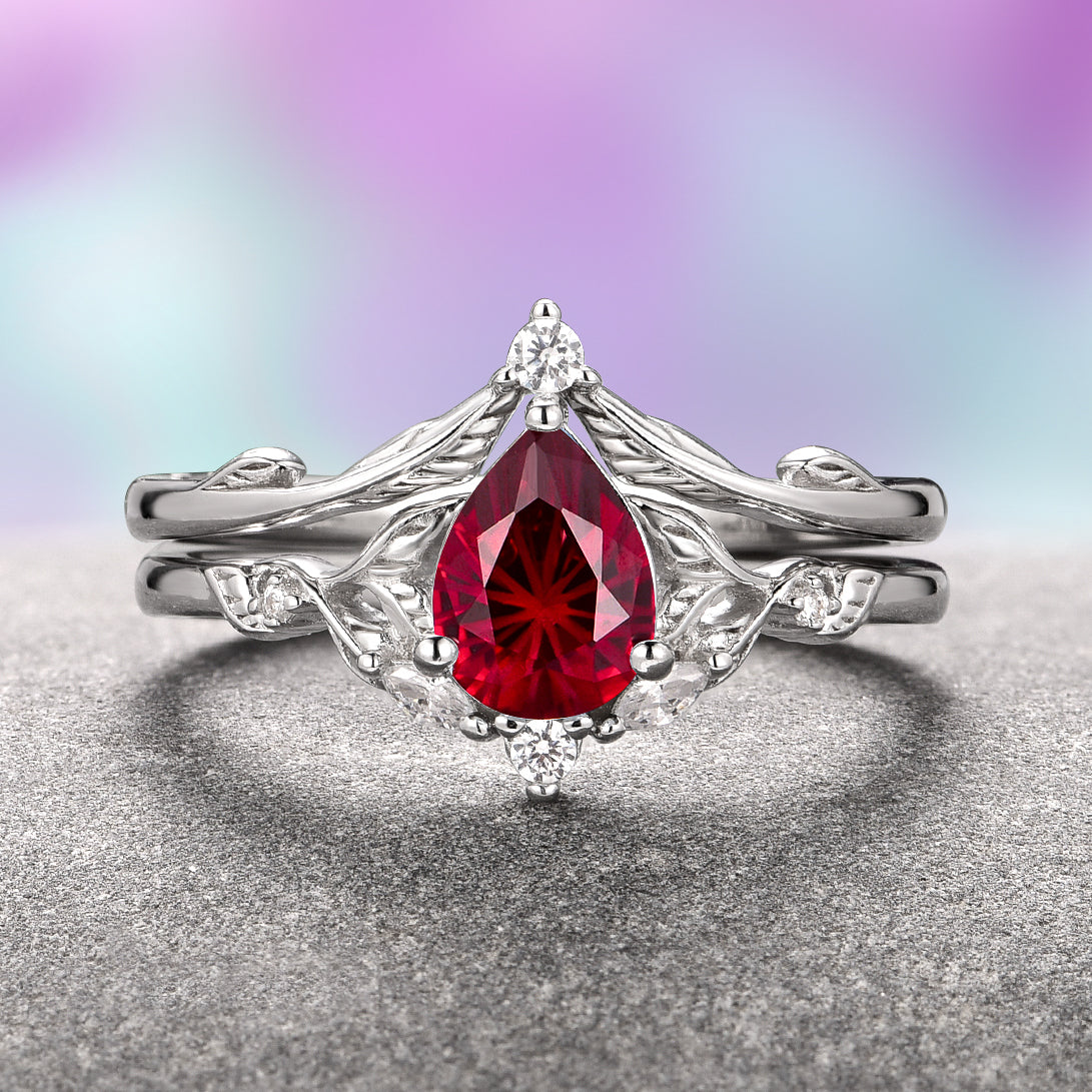 Airee Teardrop Ruby Ring Set - Sterling Silver Fantasy Cut Jewelry for Women | Elegant Gift for Valentine's Day, Anniversary & Special Occasions