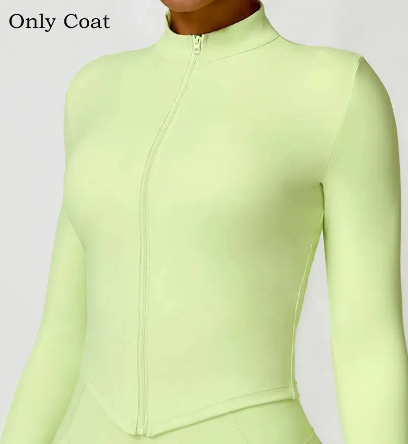 Women's Long Sleeve Quick Dry Yoga Outfit Set - Nude Zippered Sport Coat & Shorts for Fitness, Running & Workouts | Moisture-Wicking Activewear for Gym, Yoga & Outdoor Sports