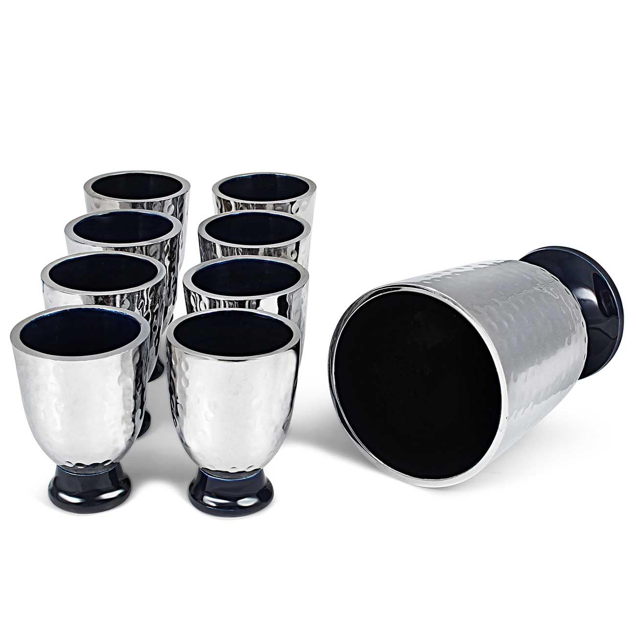 Zion Judaica Shabbat Blue Enamel Kiddush Cup & Wine Fountain Set - 7.5 oz Hammered Metal Goblet with 8 Mini 1.2 oz Stemmed Shot Cups - Perfect for Shabbat, Passover, Holidays & Pesach Seder Table Decor - Elegant Jewish Ceremonial Wine Set for Home Celebrations