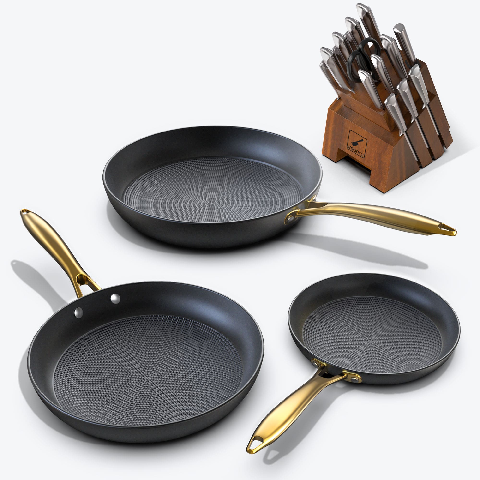 Premium Nonstick Frying Pan Set with Golden Handle & Award-Winning Knife Set Bundle - Perfect for Home Cooking, Professional Chefs & Kitchen Enthusiasts