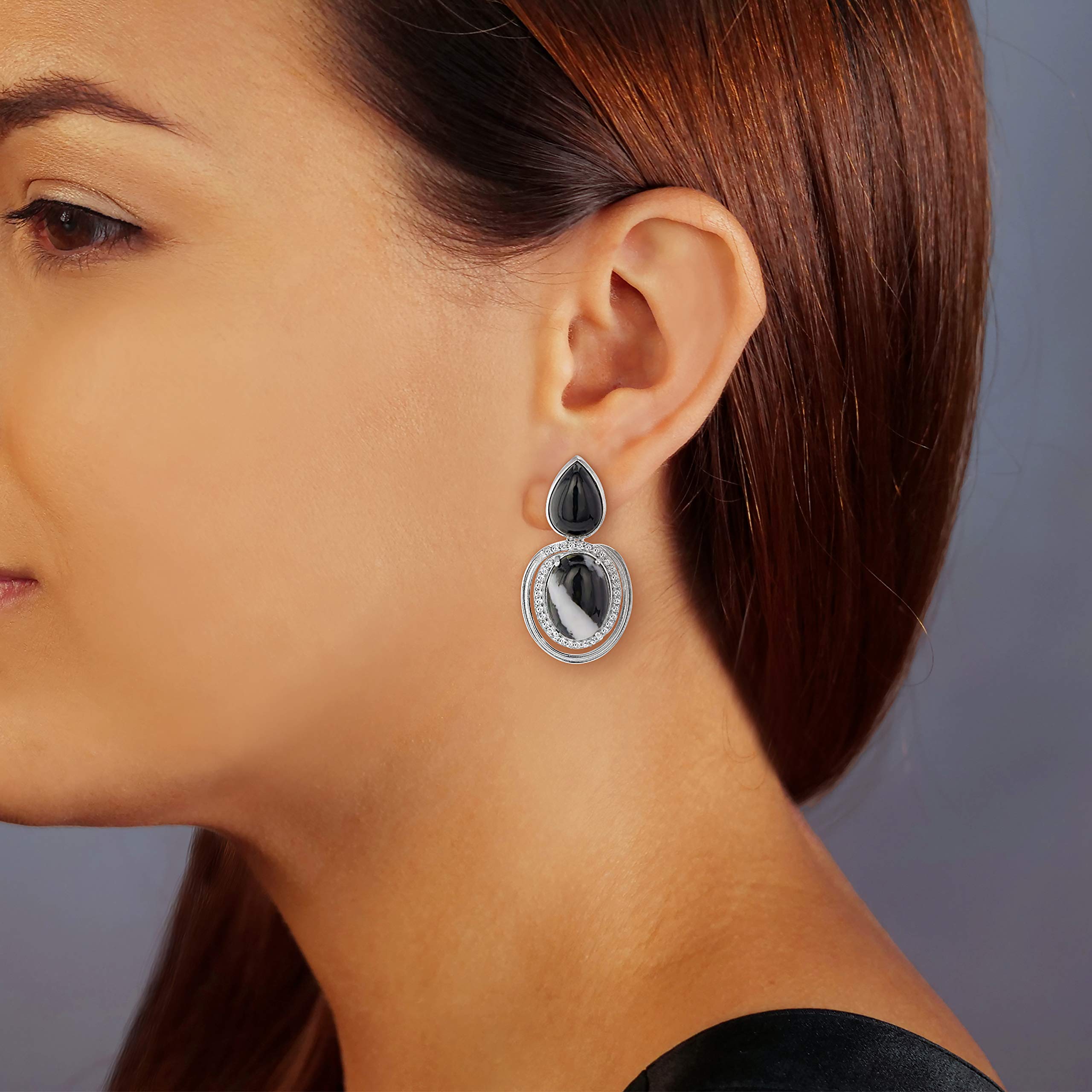 Sterling Silver White Buffalo, White Topaz & Black Jade Drop Earrings for Women | Elegant Birthstone Jewelry Gift for Birthday, Wedding & Anniversary | Perfect for Formal Events, Date Nights & Special Occasions