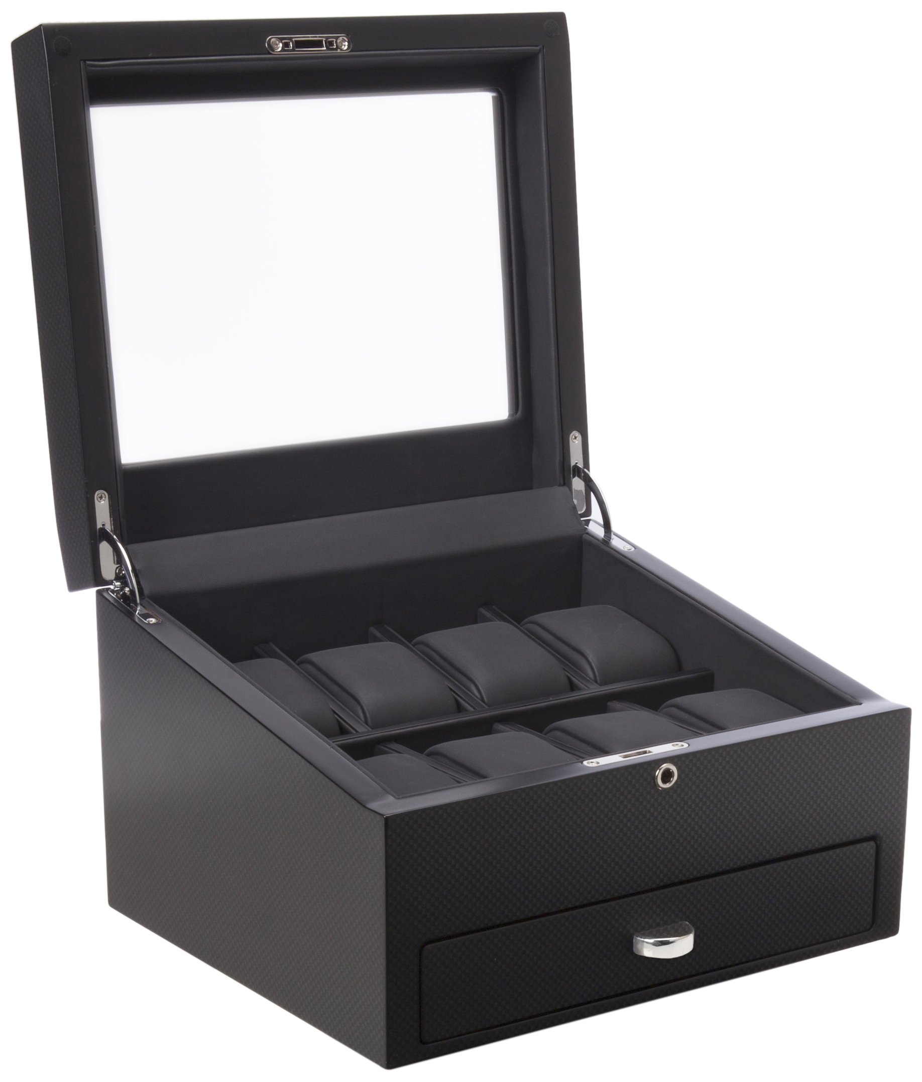 VOLTA Carbon Fiber Watch Case for 8 Watches - Black Lockable Jewelry Storage Box with Drawer, Modern Style - Perfect for Watch Collectors, Travel & Home Display