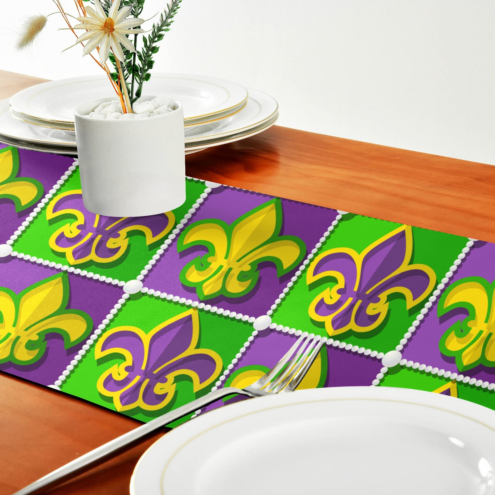Emelivor 90-inch Mardi Gras Fleur De Lis Table Runner - Elegant Dining Table Scarf for Christmas, Fall & Farmhouse Decor - Perfect for Holiday Dinners, Kitchen Accessories & Home Decoration