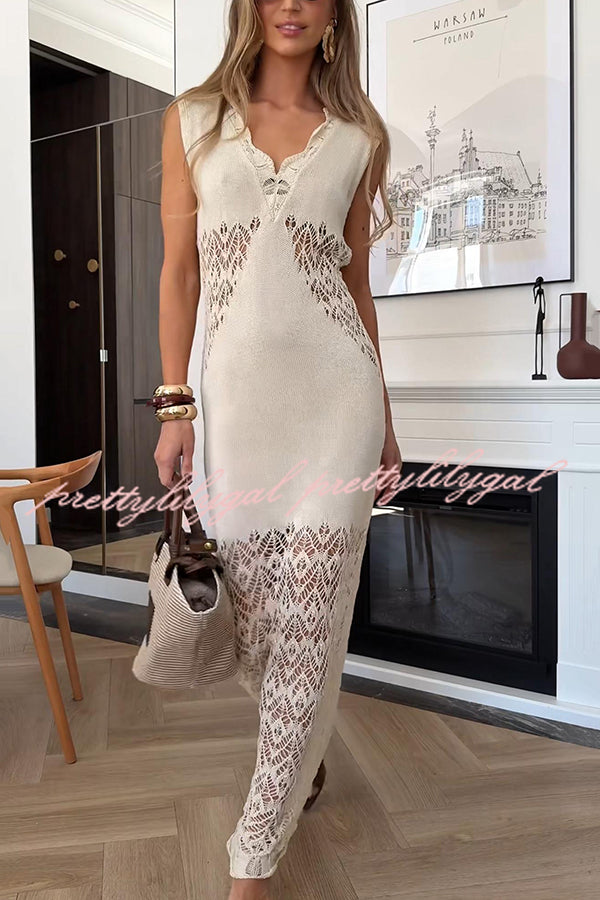 Elegant Solid Color Hollow Knit V-Neck Slim Fishtail Maxi Dress for Women - Perfect for Beach Vacation, Summer Party & Evening Occasions
