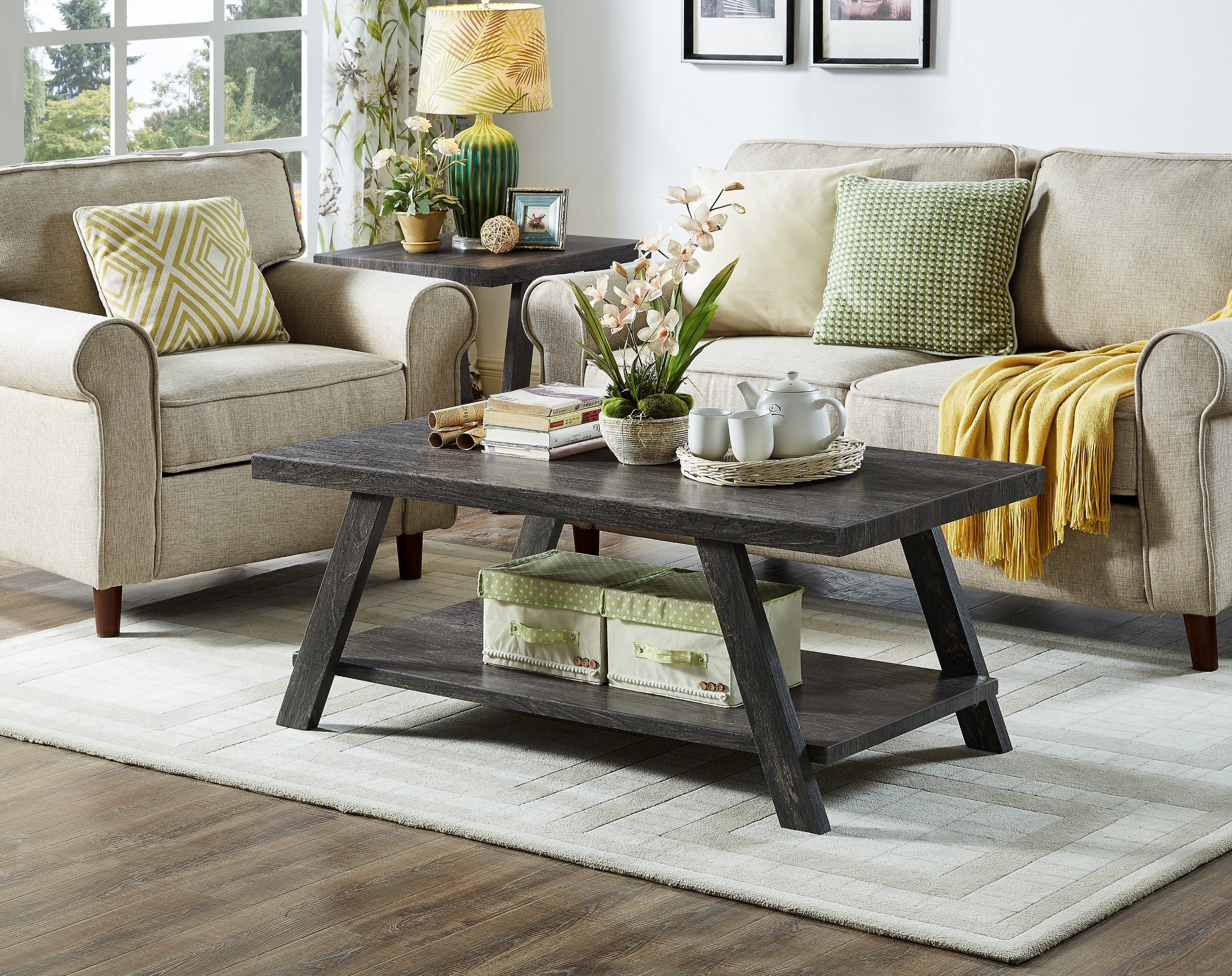 Roundhill Furniture Athens Contemporary Replicated Wood Shelf Coffee Table in Charcoal Finish - Modern Living Room Centerpiece for Home Decor & Storage
