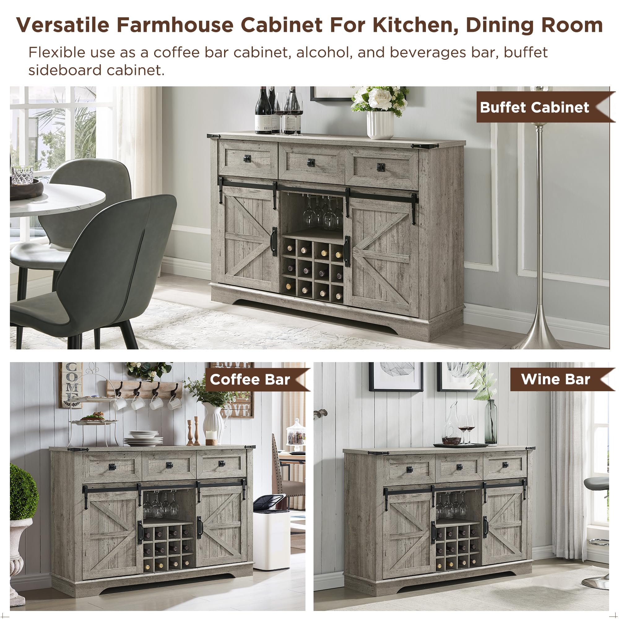 Farmhouse Wine Bar Cabinet with Sliding Barn Door - 54 Inch Rustic Kitchen Coffee Bar with Wine Rack, Glass Storage, 3 Drawers & Shelves - Light Oak Buffet Sideboard for Dining Room, Living Room & Home Entertaining