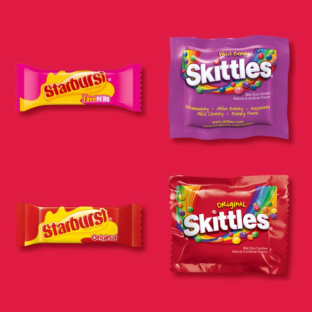 Wrigley's Assorted Candy Variety Pack - Skittles Original, Skittles Wild Berry, Starburst Original & FaveReds Fun Size - 20.13oz Bulk Individually Wrapped Candies - Perfect for Halloween, Parties, Office Snacks & Gift Baskets