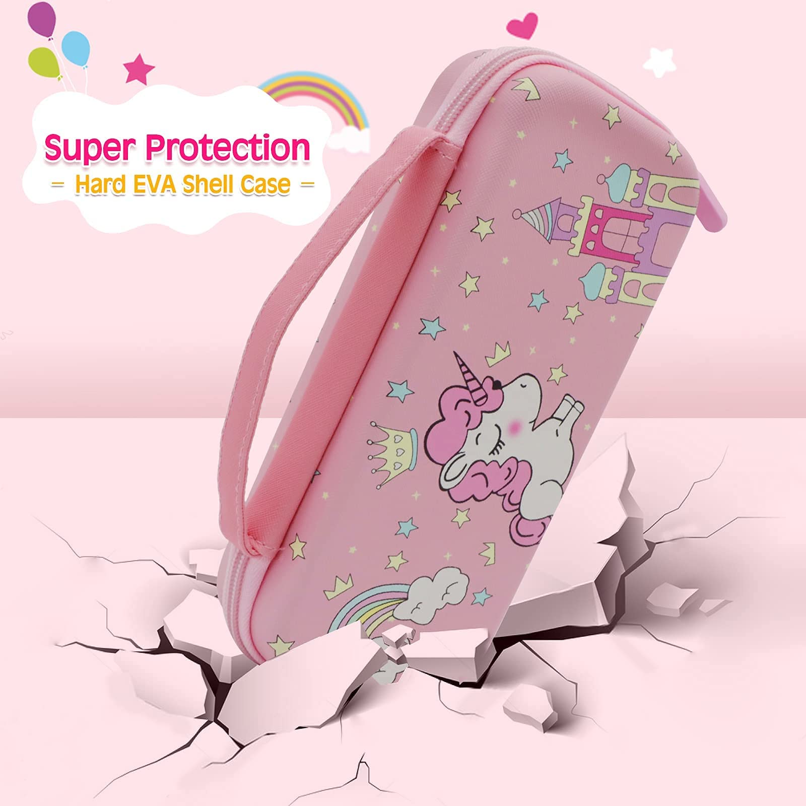 Pink Unicorn Nintendo Switch Lite Carrying Case with Crystal Glitter - Soft Protective Cover, Screen Protector & Stickers - Hard Storage Travel Case Accessories Kit for Girls (Perfect Birthday Gift for Gaming & Travel)