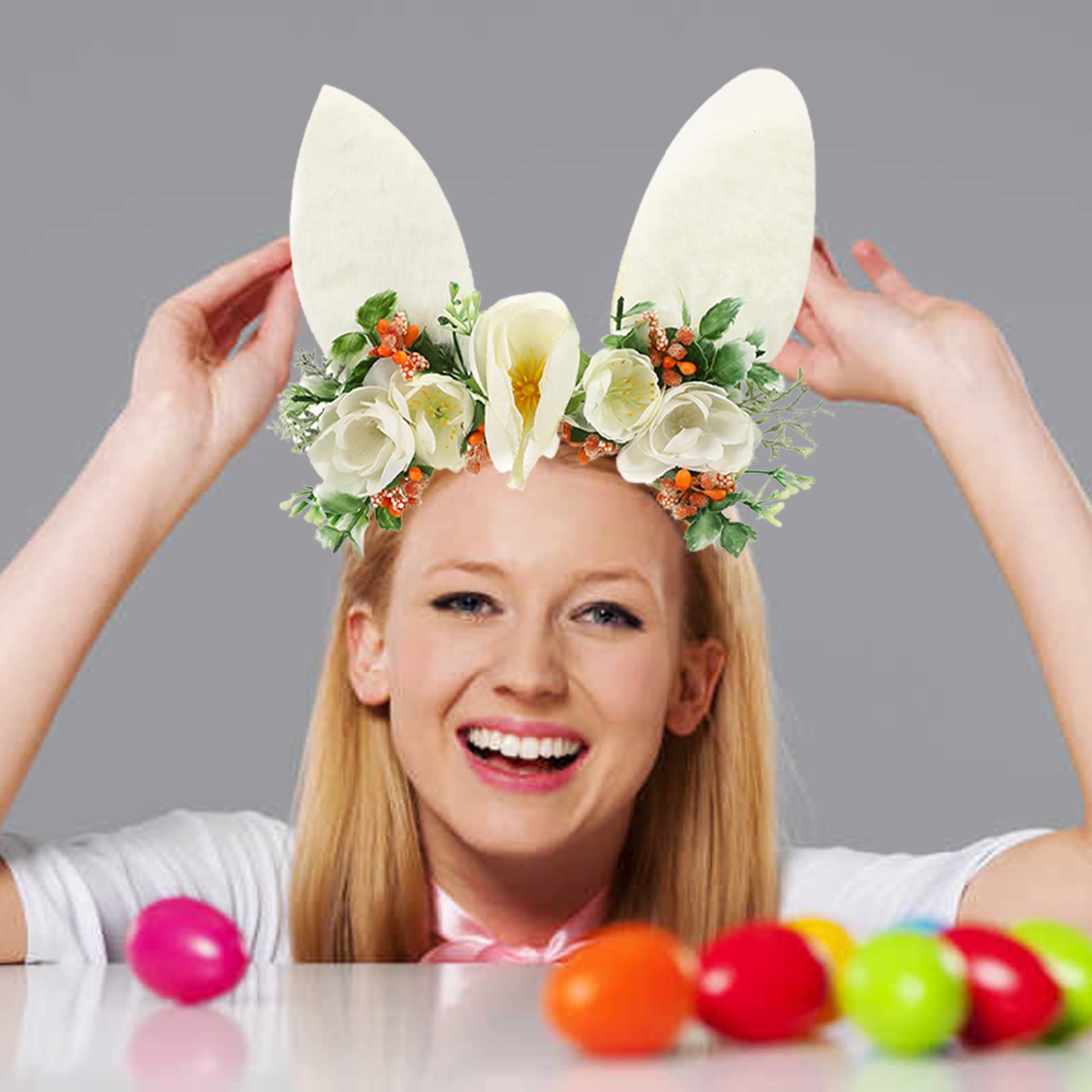 ZHDOKA 2 Pack Bunny Ears Hair Bands - Cute Floral Easter Bunny Headbands for Women & Girls, Soft Makeup & Face Washing Headband - Perfect for Easter Parties, Costumes, Photo Shoots and Daily Use