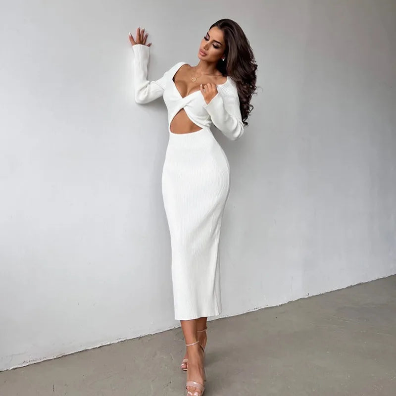 Elegant White Ribbed Fabric Dress - Long Sleeve O-Neck Hollow High Waist Slim Fit Crop Top with Knee Length Skirt | Perfect for Fall Fashion, Date Nights & Office Wear