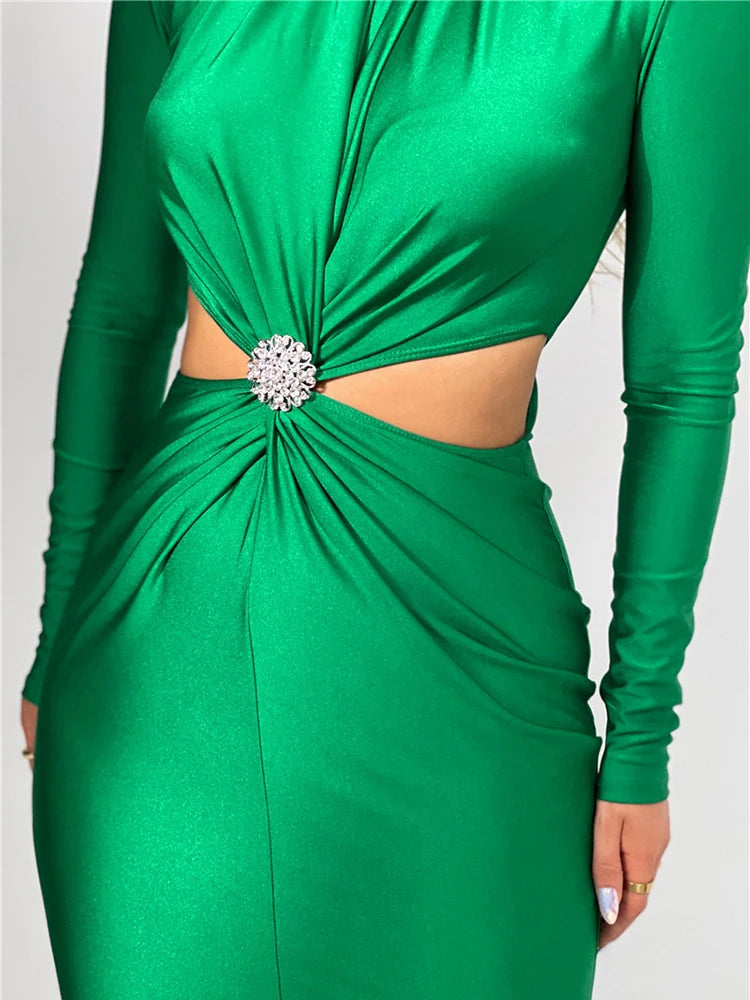 Elegant Hollow Out Sexy Maxi Dress for Women - Autumn Winter Turtleneck Long Sleeve Bodycon Dress for Club, Party & Evening Events | Perfect for Date Nights, Holiday Gatherings & Special Occasions