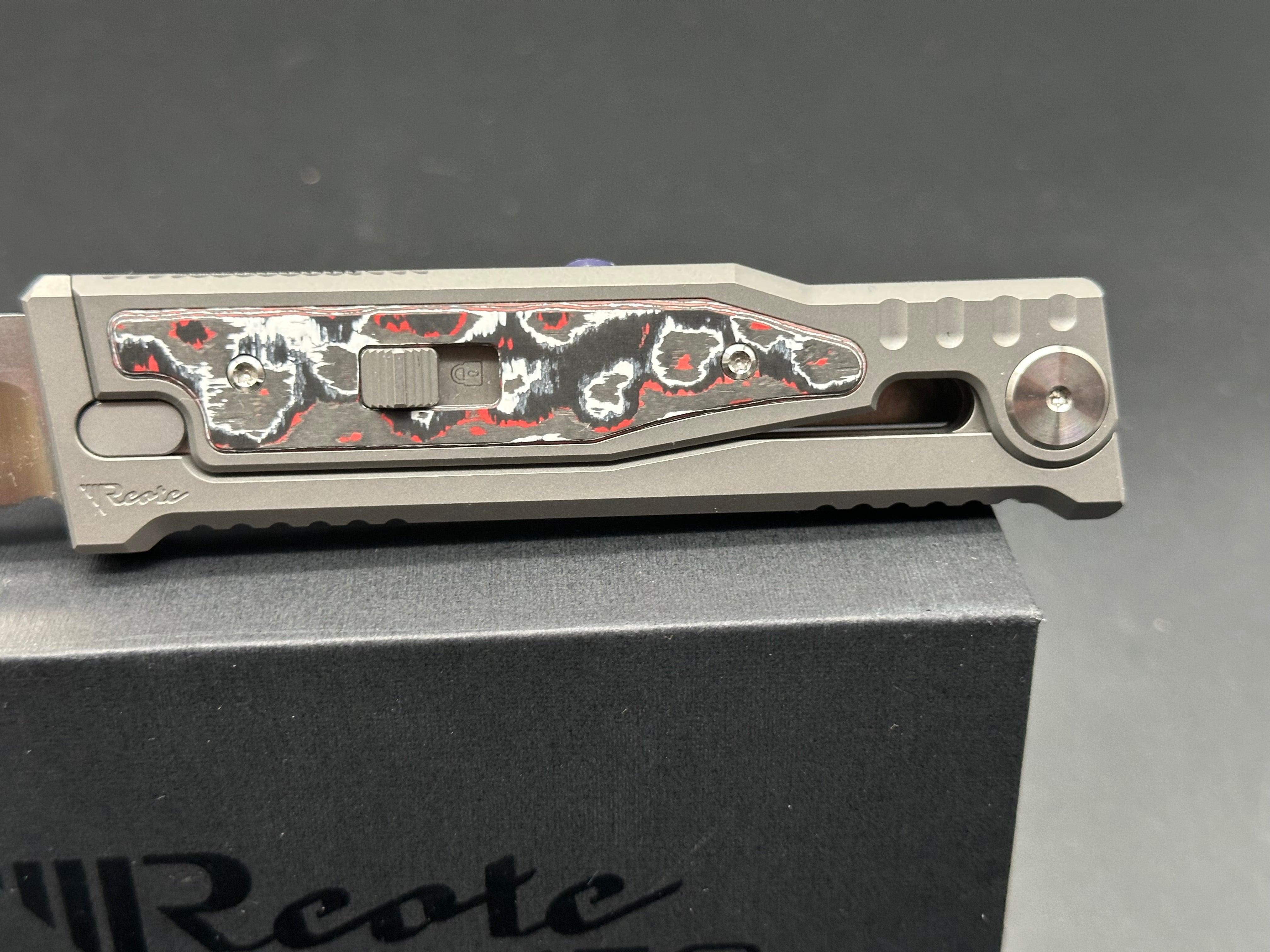 Reate EXO-M Folding Knife - Grey Titanium Frame with Red Marble Fat Carbon Inlays, Tanto Elmax Blade - EDC Pocket Knife for Outdoor, Camping & Everyday Carry