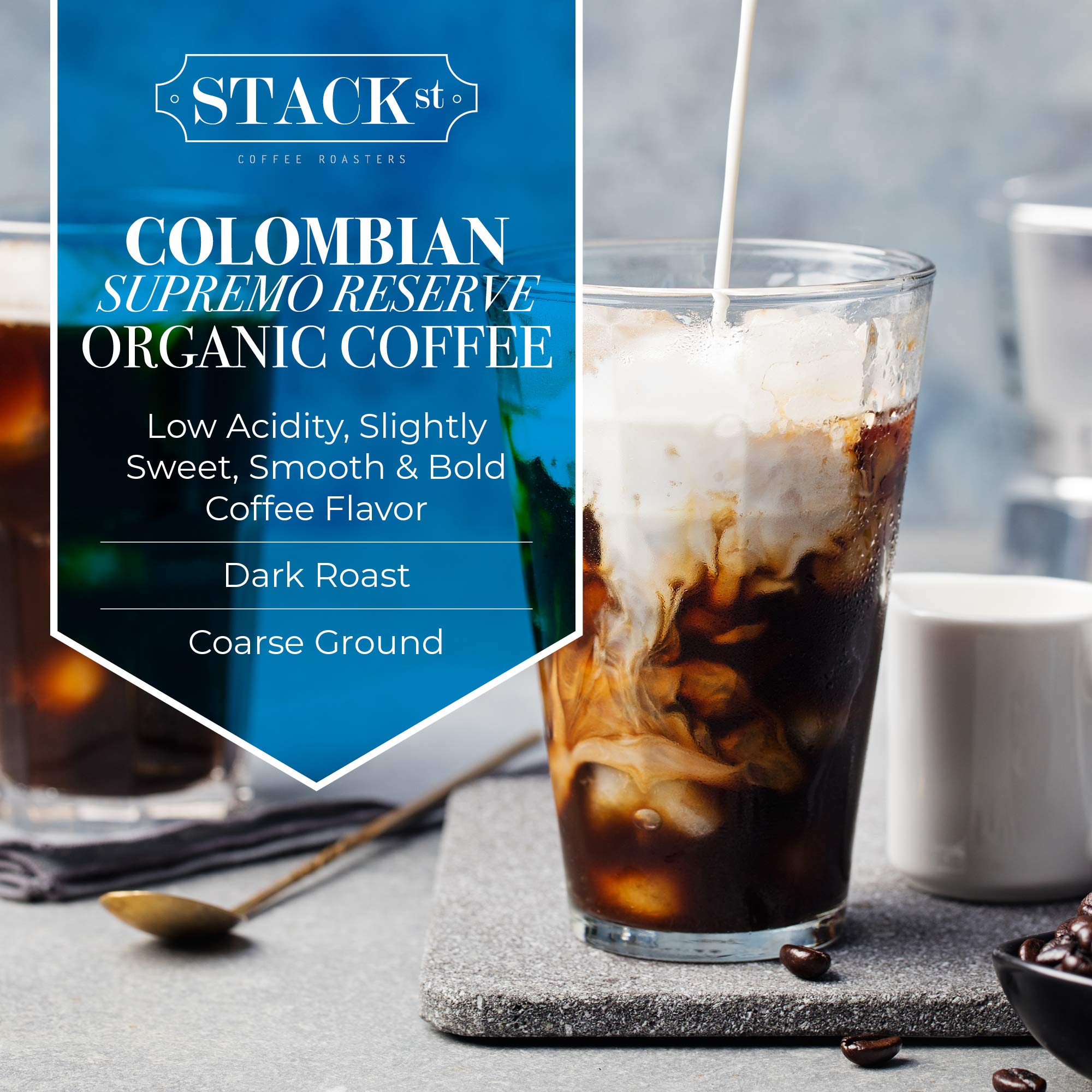 Organic Cold Brew Coffee Coarse Ground 1 LB - Colombian Supremo Reserve Dark Roast 100% Arabica Beans - Single Origin, Handcrafted, Micro Roast, Direct Trade - Perfect for Iced Coffee, French Press & Cold Brew at Home - By Stack Street