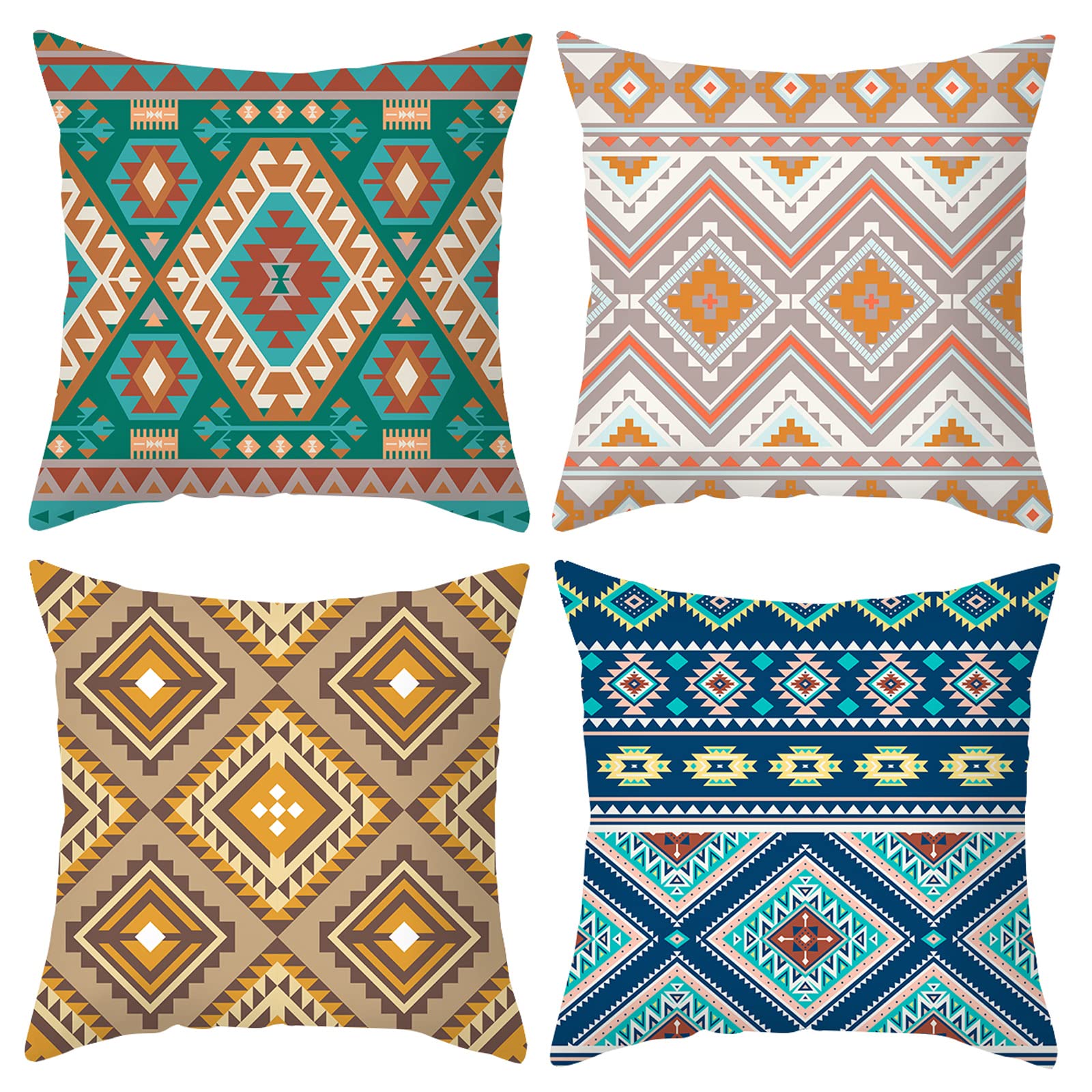 Boho Green Pillow Covers 20x20 Inch Set of 4 - Square Decorative Cushion Cases with Geometric Ethnic Pattern for Sofa, Couch, Bed & Car - Boho Home Decor & Bohemian Living Room Accessories