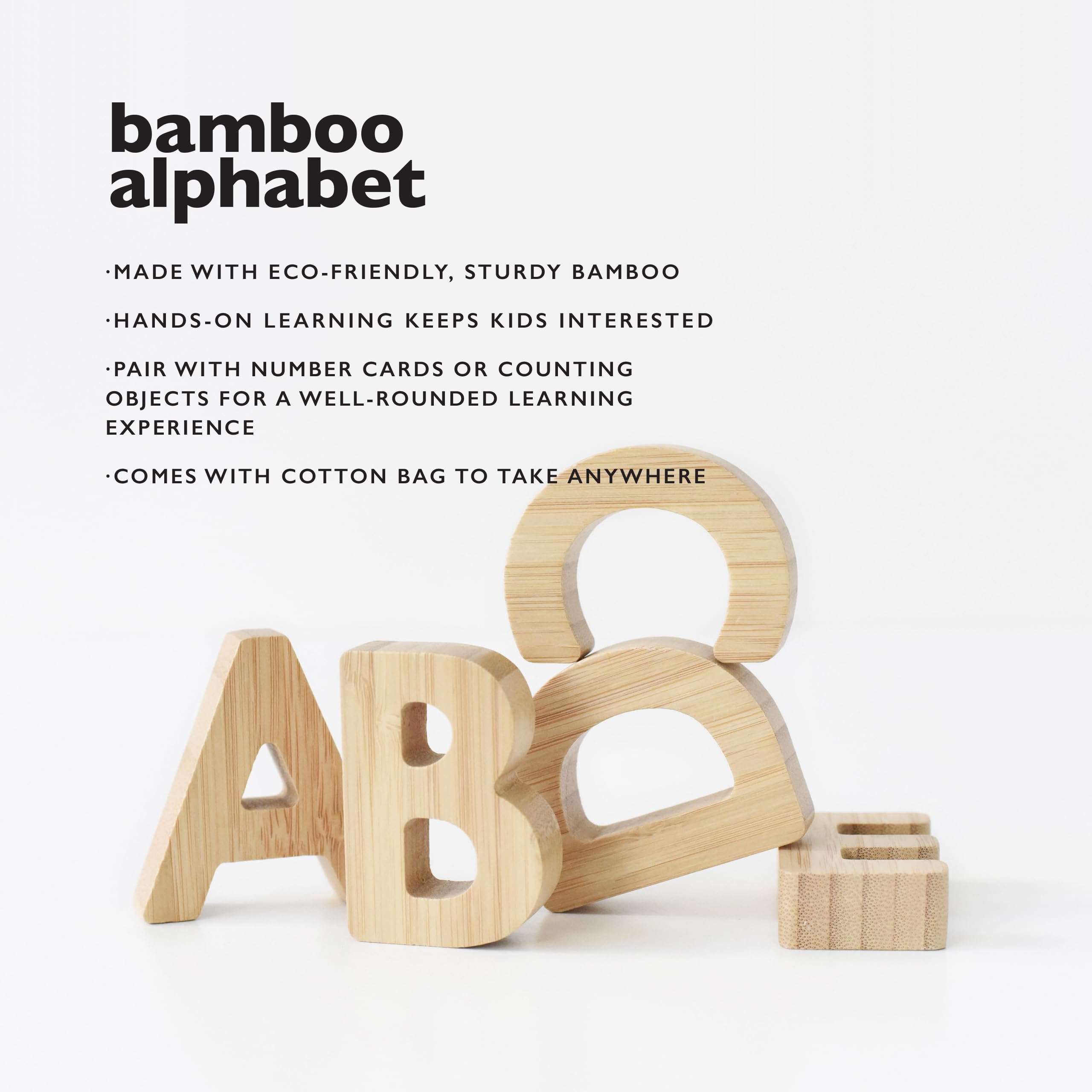 Wee Gallery Bamboo Alphabet Blocks - 26 Natural Wooden Sensory Learning Toys for Toddlers & Preschool Kids - Learn to Read, Trace & Sort - Perfect for Early Childhood Education & Montessori Playrooms