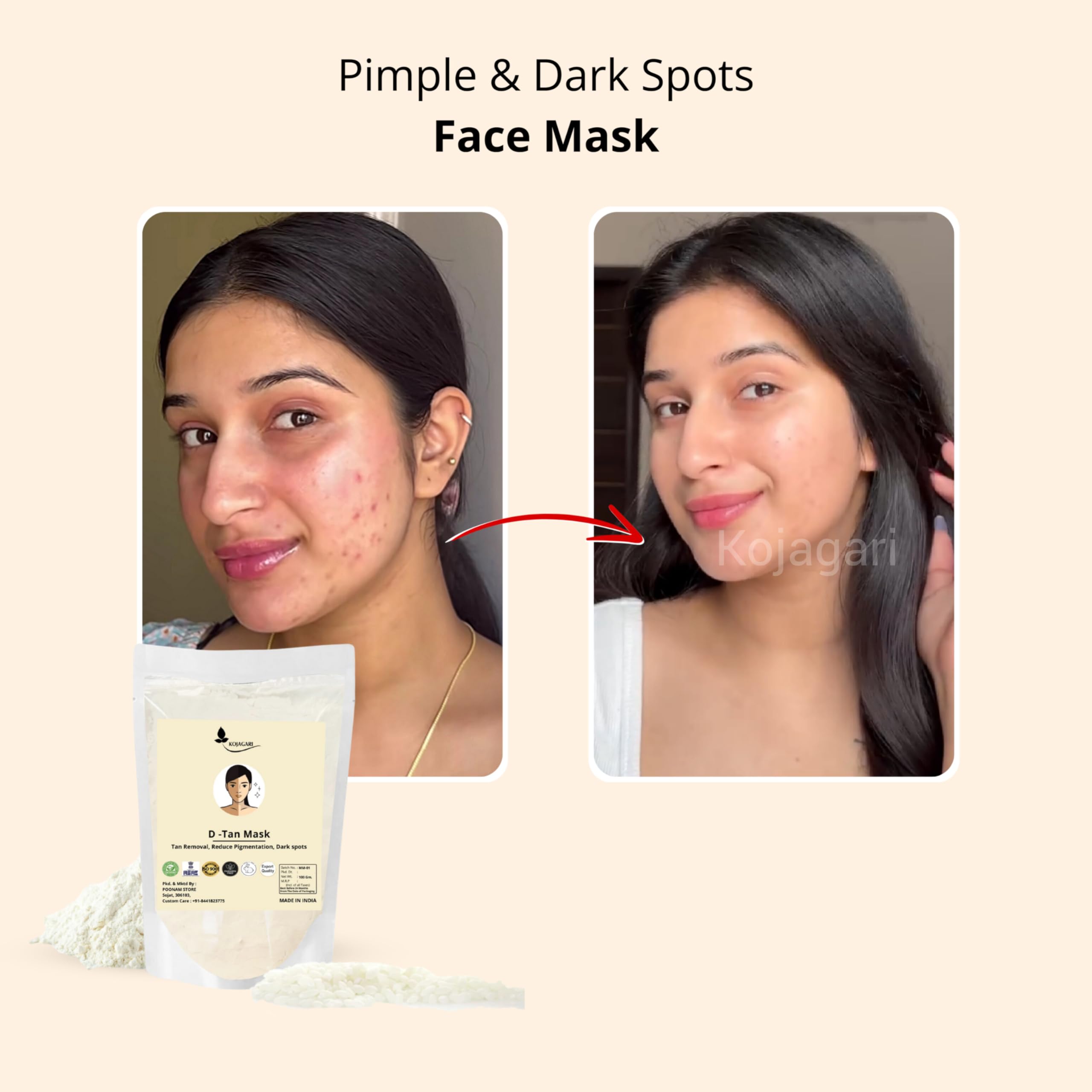Kojagari D-TAN Face Mask with Rice Clay & Vitamin C Powder - Reduces Acne Scars, Dark Spots, Hyperpigmentation & Tan for Brighter, Glowing Skin (100g) - Perfect for Nighttime Skincare Routine & Post-Sun Exposure Treatment