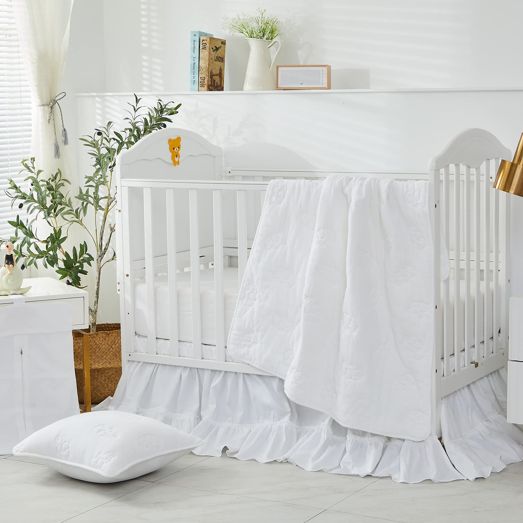 Brandream Unisex Bohemian Baby Crib Bedding Set - 6 Piece Cotton Nursery Set with Elephant Embroidery in White - Perfect for Farmhouse Chic & Gender Neutral Nursery Decor