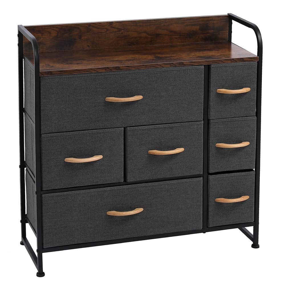 Veryke 7-Drawer Fabric Dresser Storage Tower with Wood Top & Handles - Dark Grey Vertical Organizer for Bedroom, Closet, Nursery & Office Organization