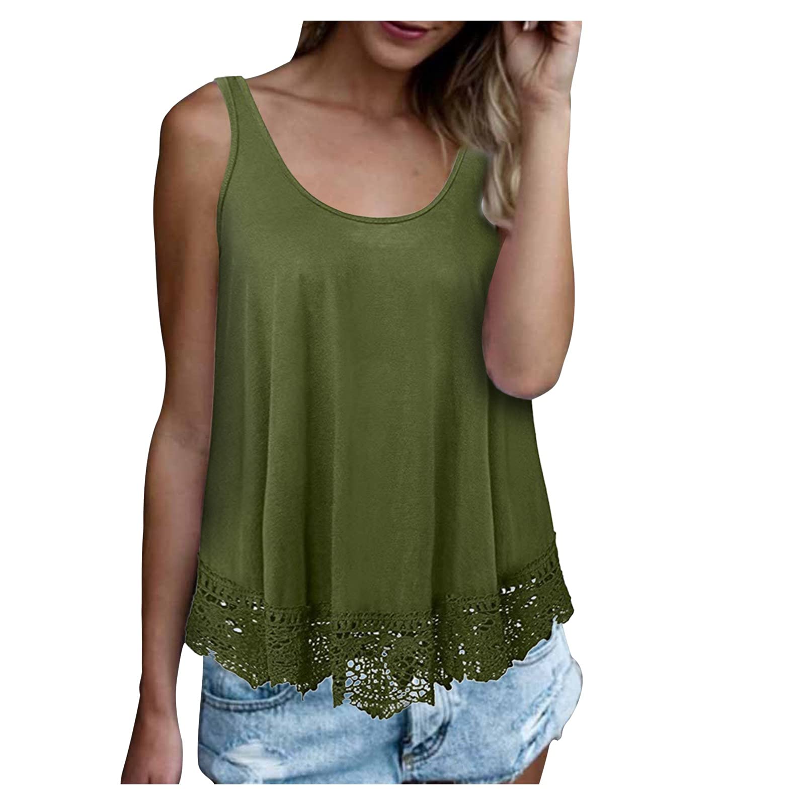 Women's Lace Flowy Cotton Tank Top - Casual Loose Fit Solid Swing Crop Top with O-Neck | Perfect for Summer, Beach, Yoga & Everyday Wear