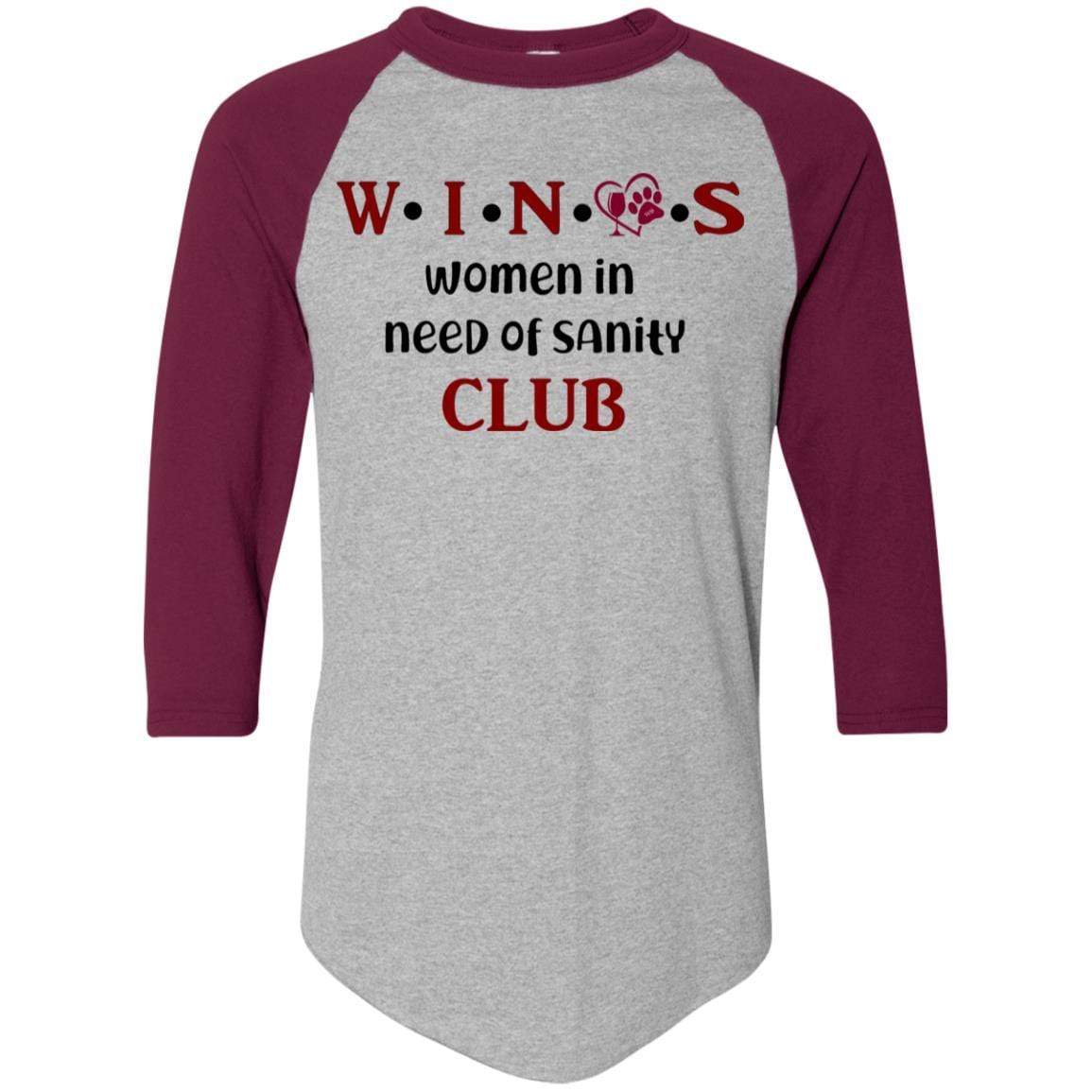 WineyBitches.Co WINOS Club Colorblock Raglan Jersey with Burgundy Lettering - Perfect for Wine Tasting Parties, Girls' Night Out & Casual Wear