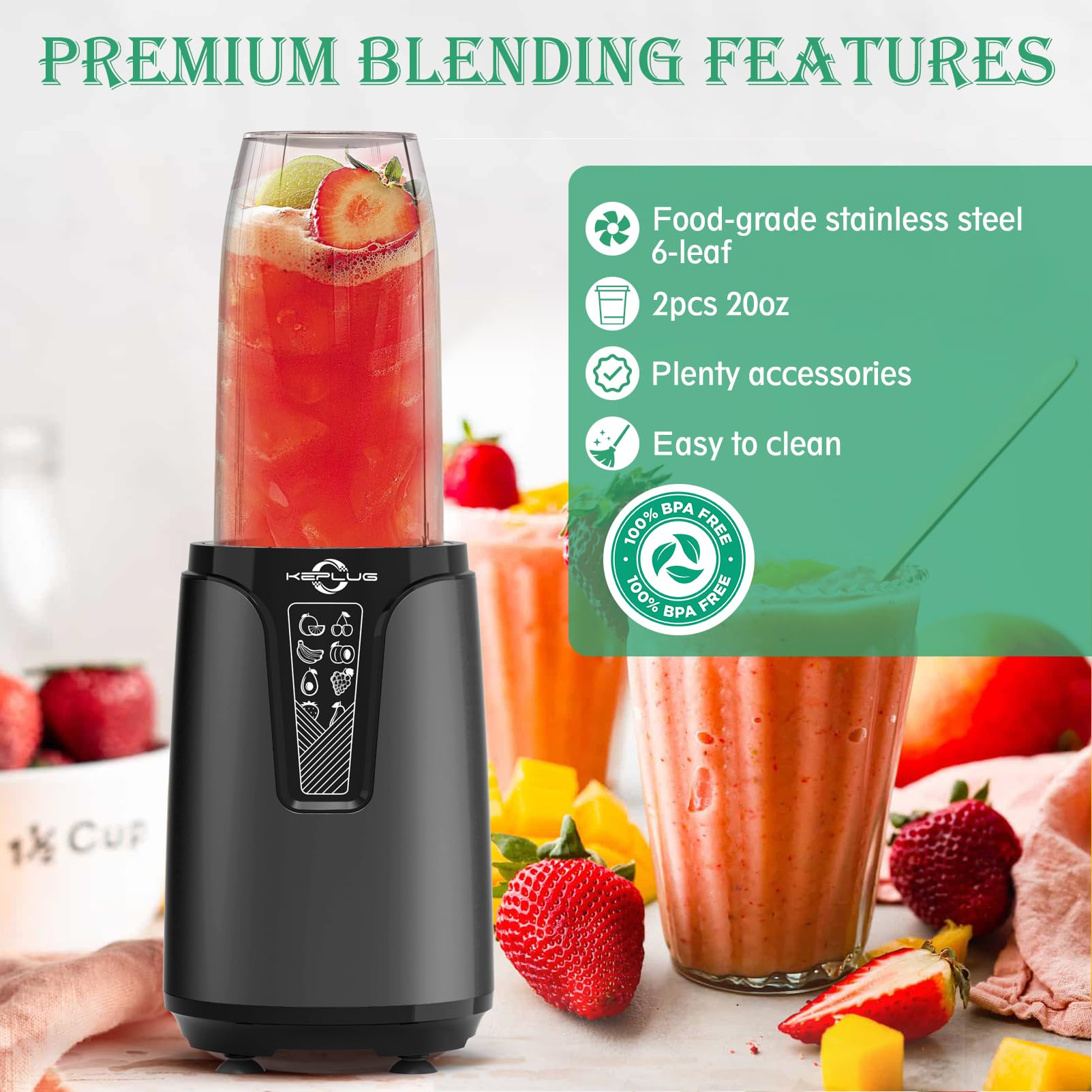 Portable Blender 850W - Personal Blender for Shakes, Smoothies & Protein Drinks with 6-Blade System, Includes 2x20oz Travel Cups - Perfect for Kitchen, Baby Food & On-The-Go Blending | Compact Countertop Blender for Fruits, Vegetables & Healthy Drinks