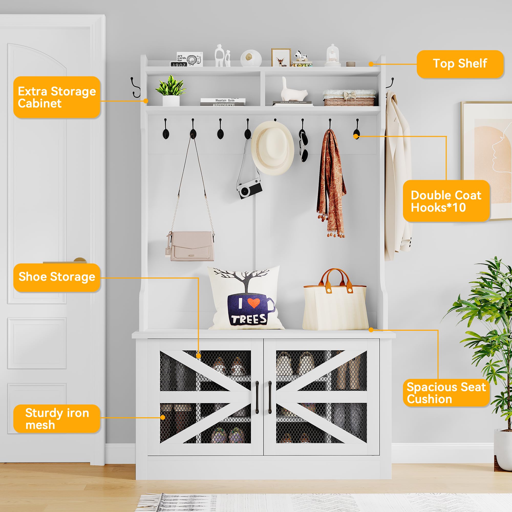 Farmhouse Hall Tree with Coat Rack & Shoe Storage - White Entryway Bench for Hallway Organization | Perfect for Mudroom, Foyer & Home Entry Decor
