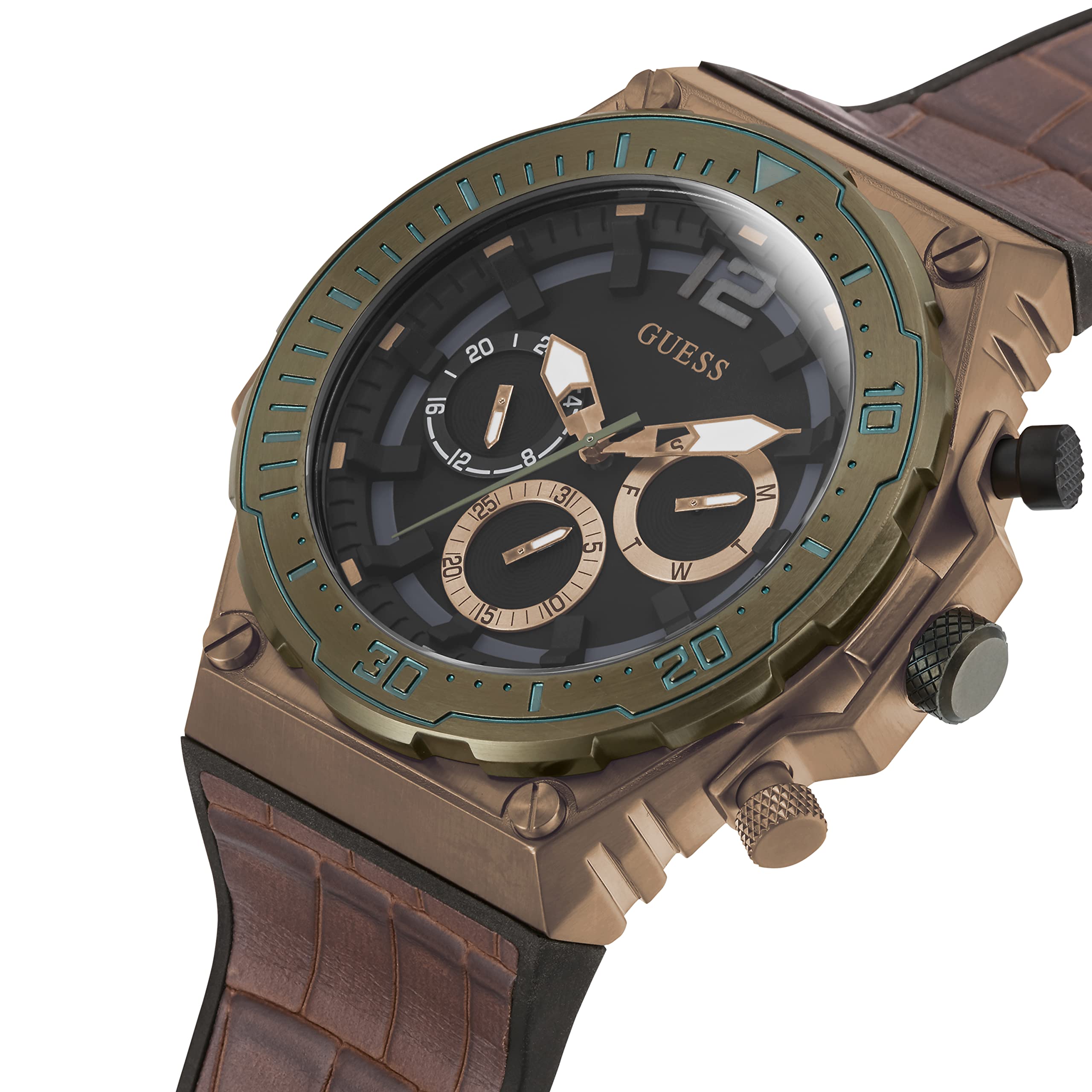 GUESS Brown Leather Strap Watch for Men - Adjustable Flex Band, Water Resistant, Casual & Dress Style - Perfect for Office, Date Night & Everyday Wear