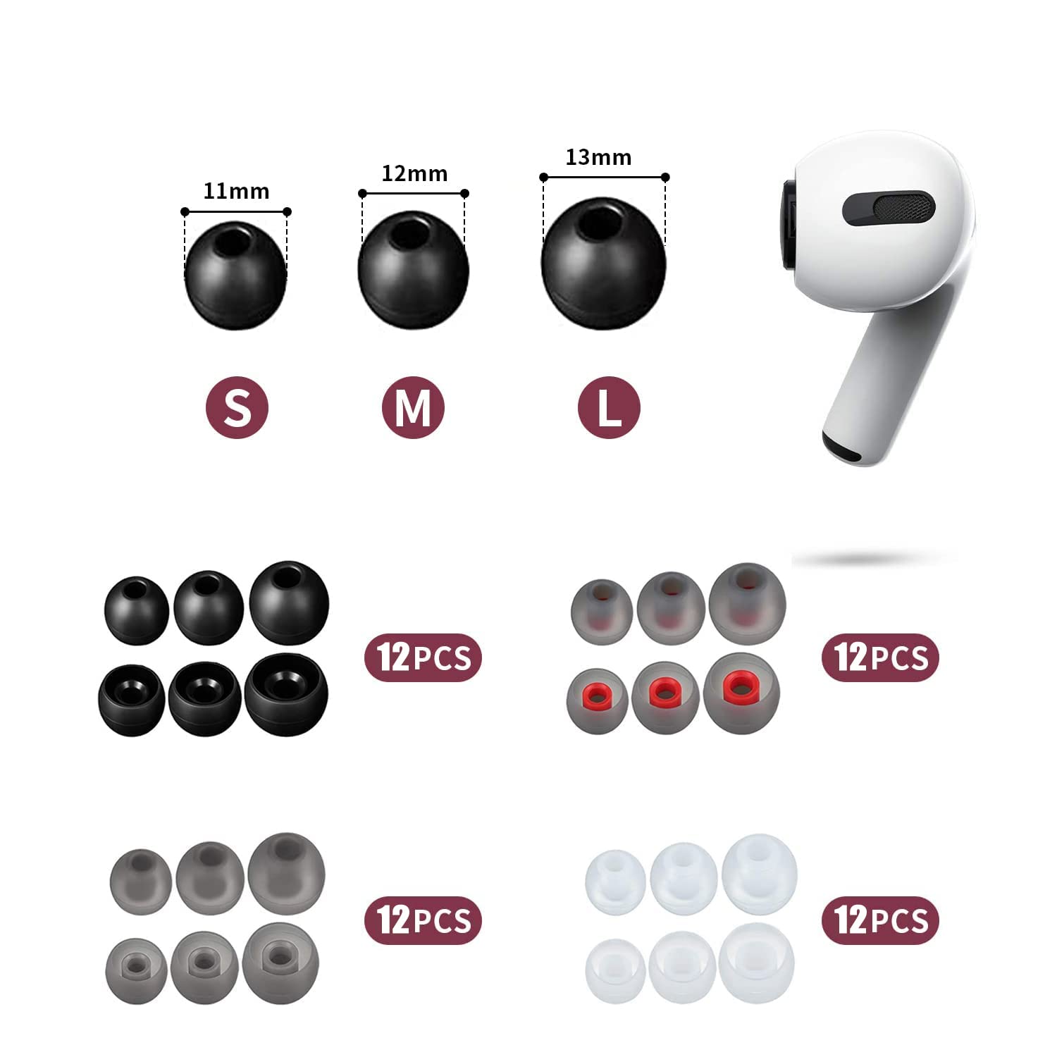 48 Pcs Silicone Replacement Earbud Tips - 3 Sizes (S/M/L) - Noise Isolating Soft Comfortable Earbuds for AirPods, Galaxy Buds & Most Wireless Earbuds - Perfect for Workouts, Commuting & Travel