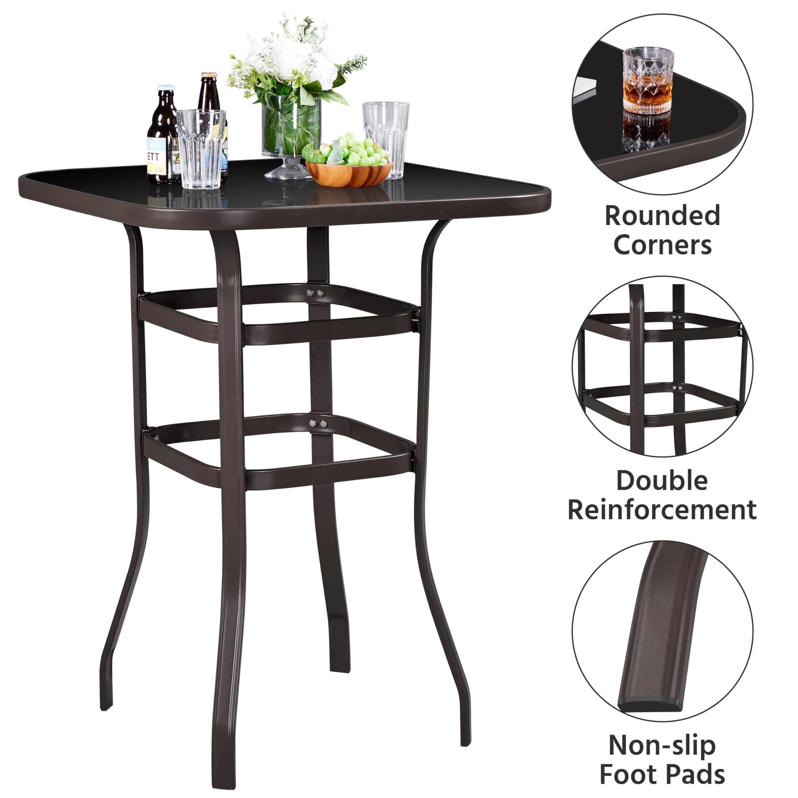 Yaheetech 36 Inch Outdoor Patio Bar Table - Square High Top Dining Table with Tempered Glass Top & Sturdy Iron Frame for Indoor/Outdoor Use - Perfect for Backyard, Garden, Poolside or Bistro Setting (Brown)