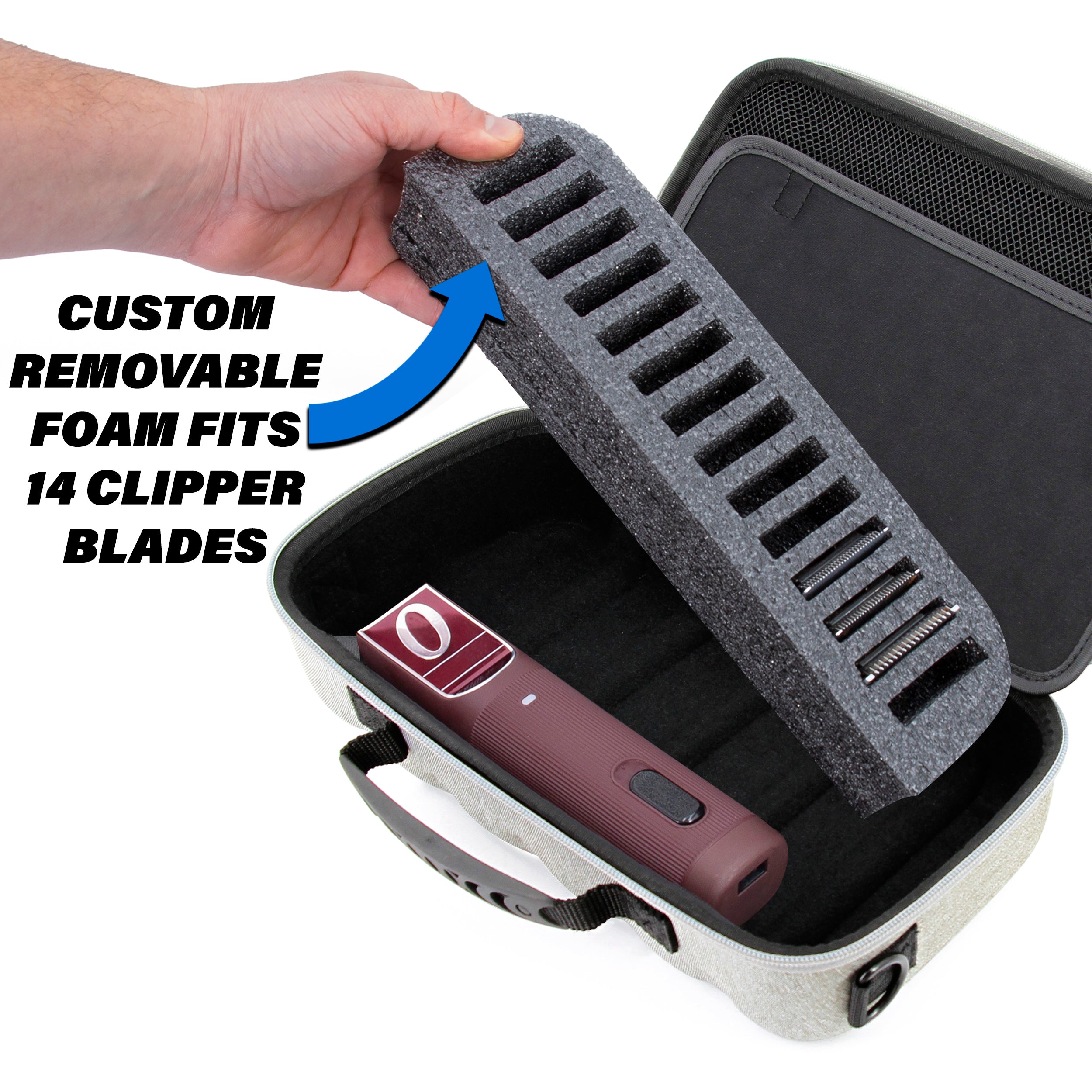 CASEMATIX Professional Hair Clipper Case for Barbers - Compatible with Andis, Oster, Wahl 14 Metal Detachable Clipper Blades - Grey Travel Storage Case for Salon, Home & Barber Shop Use