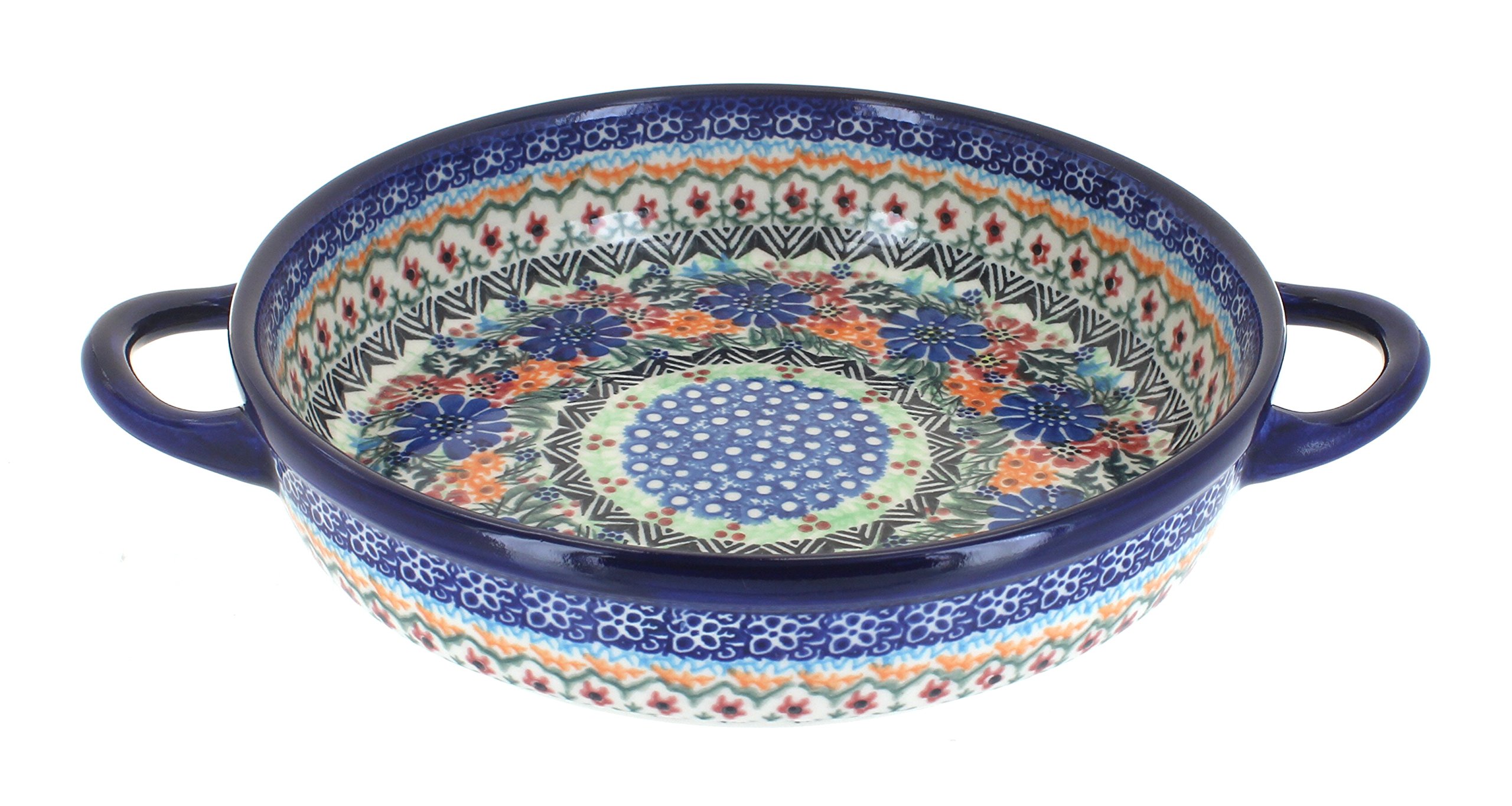 Handmade Blue Rose Polish Pottery Ashley Small Round Baker with Handles - Perfect for Baking Casseroles, Serving Dishes & Home Decor
