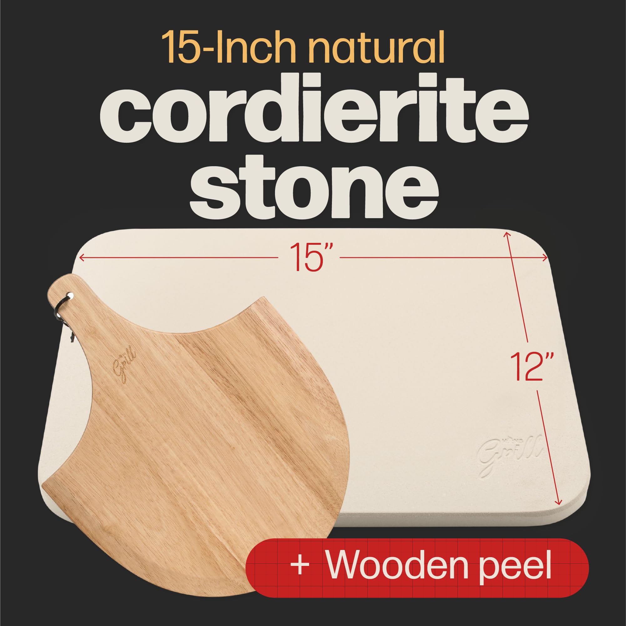 HANS GRILL Professional 15x12 Inch Rectangular Pizza Stone for Oven Baking & BBQ Grilling - Extra Large Pizza Stone with Peel - Restaurant Grade Baking Stone for Homemade Pizza, Bread & Desserts - Perfect for Outdoor Cooking & Backyard Parties