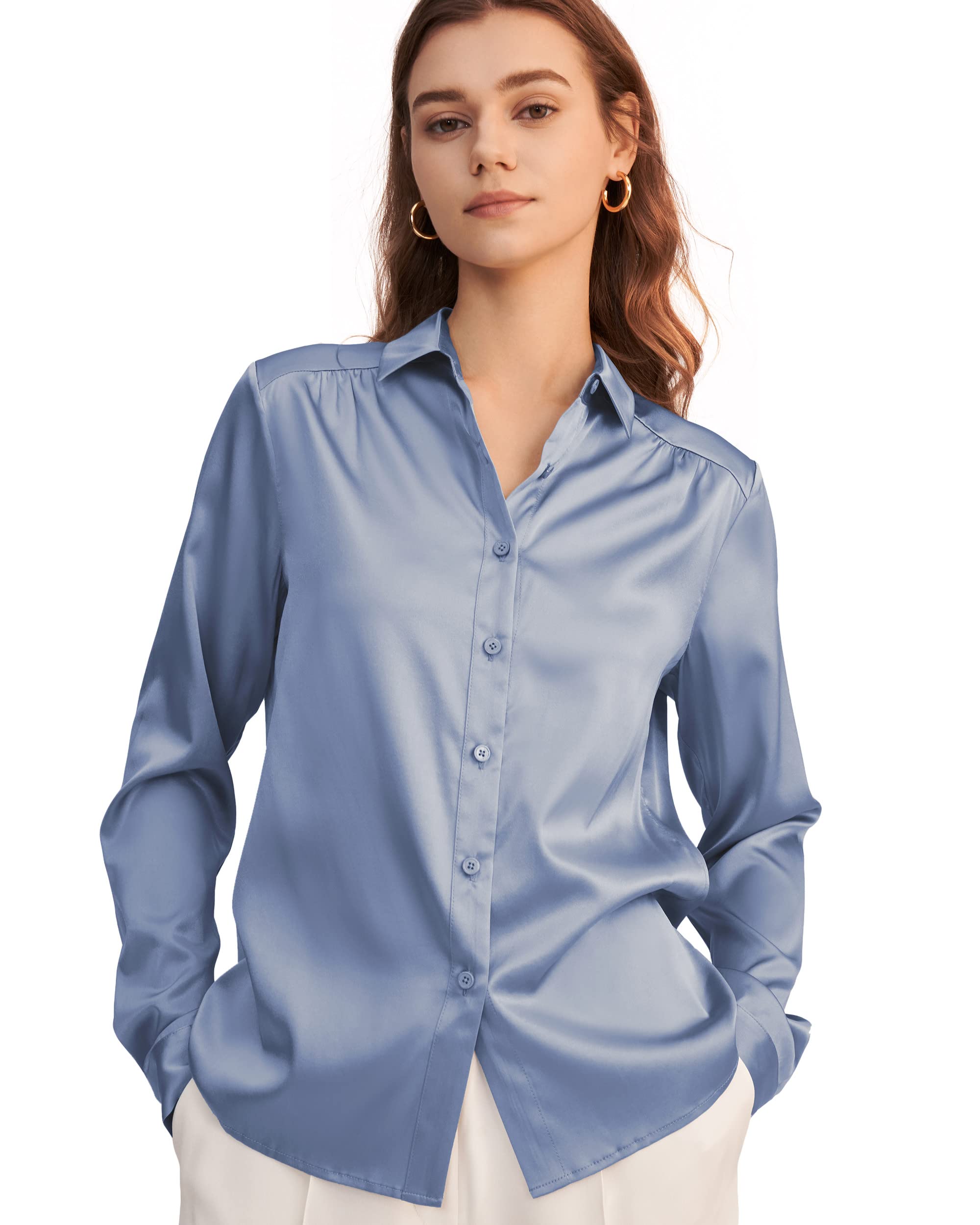 LilySilk Women's 19MM Natural Silk Charmeuse Long Sleeve Collared Blouse - Elegant Office Wear & Business Casual Tops for Professional Women