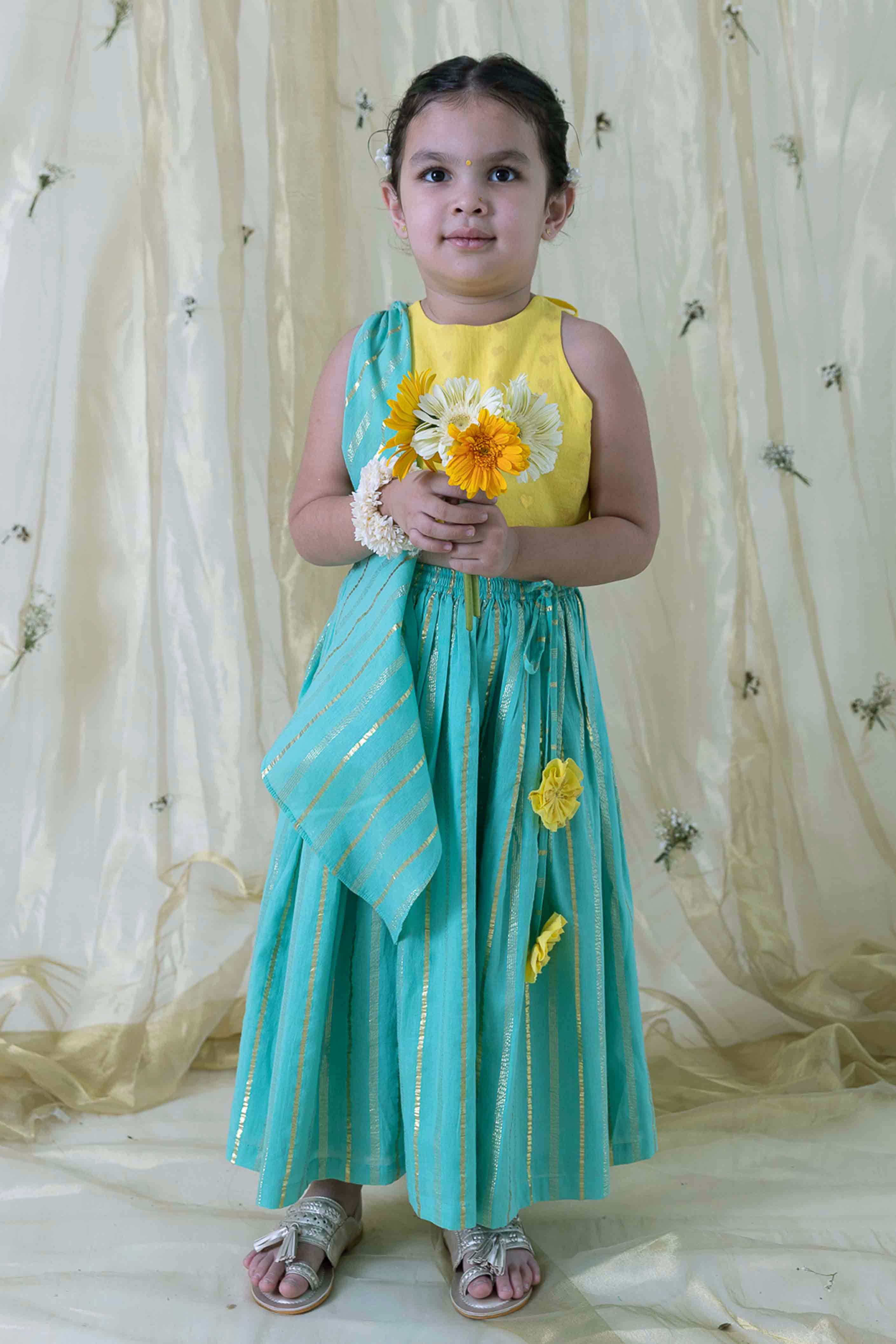 Pre-Order: Girls' Pure Cotton Sleeveless Lehenga Set in Yellow - Perfect for Weddings, Festivals & Traditional Celebrations