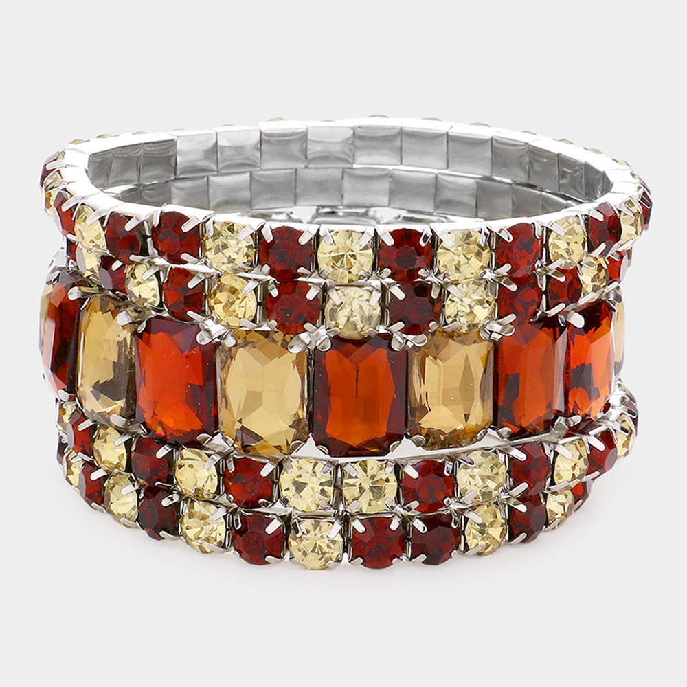 5-Piece Brown & Gold Stone Stretch Multi-Layered Pageant Bracelets Set – Elegant Prom Jewelry for Women – Perfect for Pageants, Proms, Weddings & Special Occasions