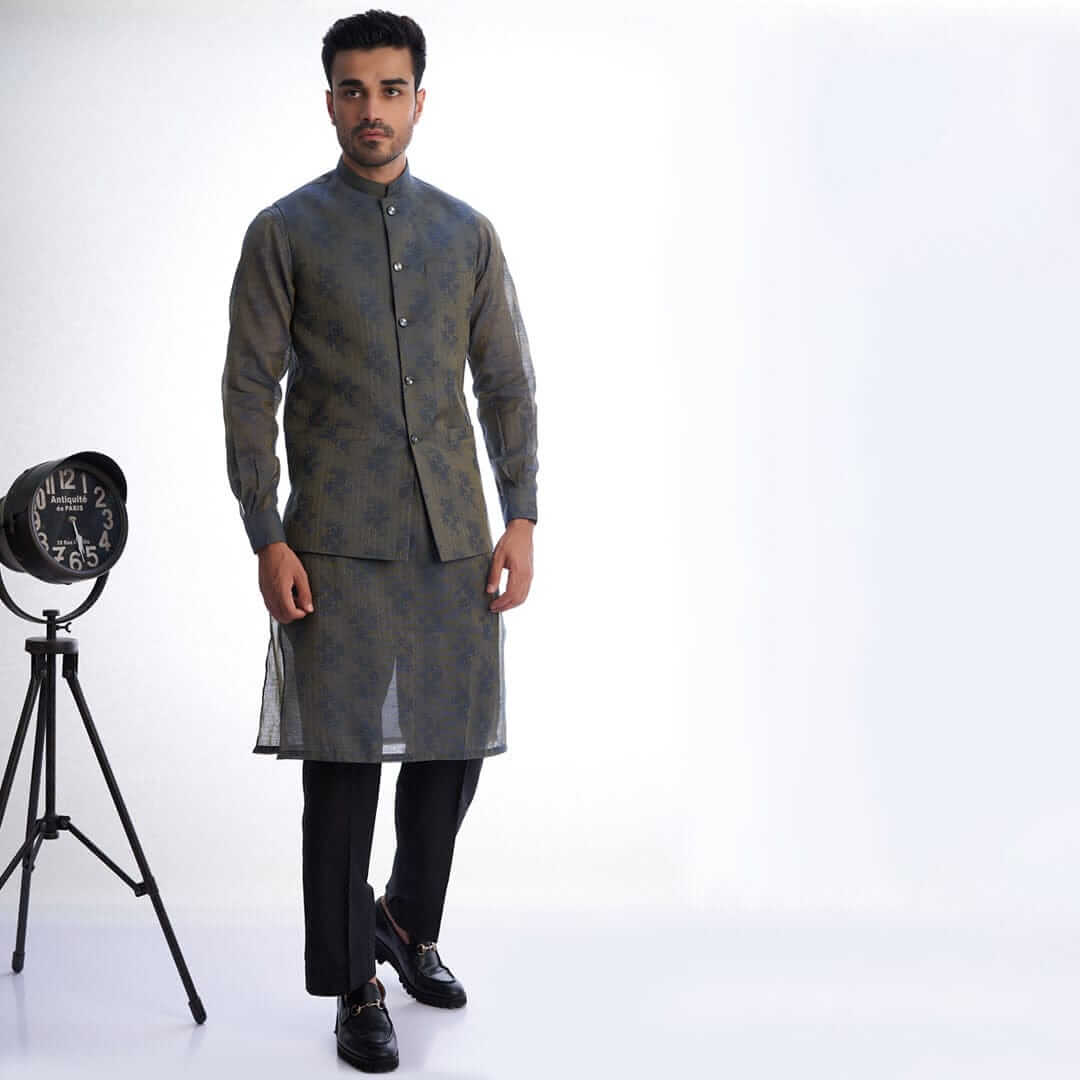 Stylish Grey and Blue Two-Tone Cotton Brocade Kurta for Men - Perfect for Festivals, Weddings & Ethnic Occasions