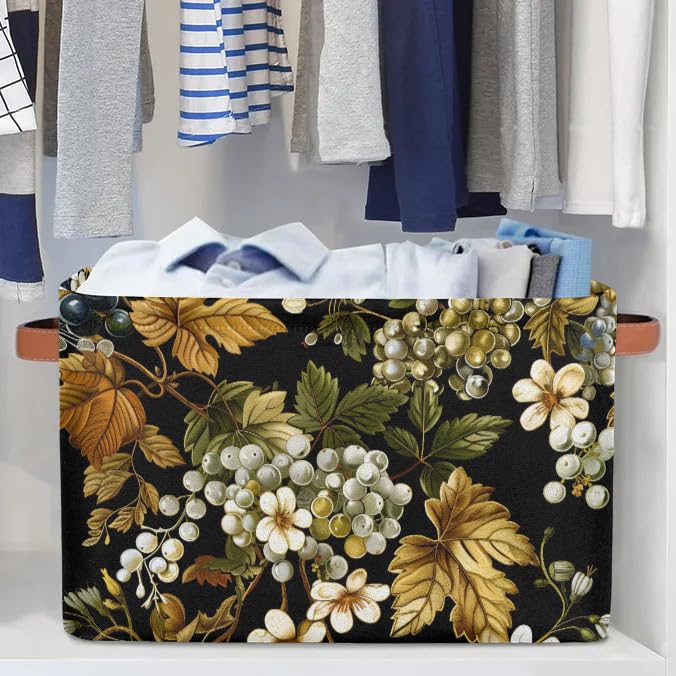 Large Fabric Storage Baskets with Handles - 2 Pack Collapsible Closet Organizers for Clothes, Toys & Home Organization | Grapes Print Decorative Shelving Bins for Bedroom, Nursery & Living Room Storage