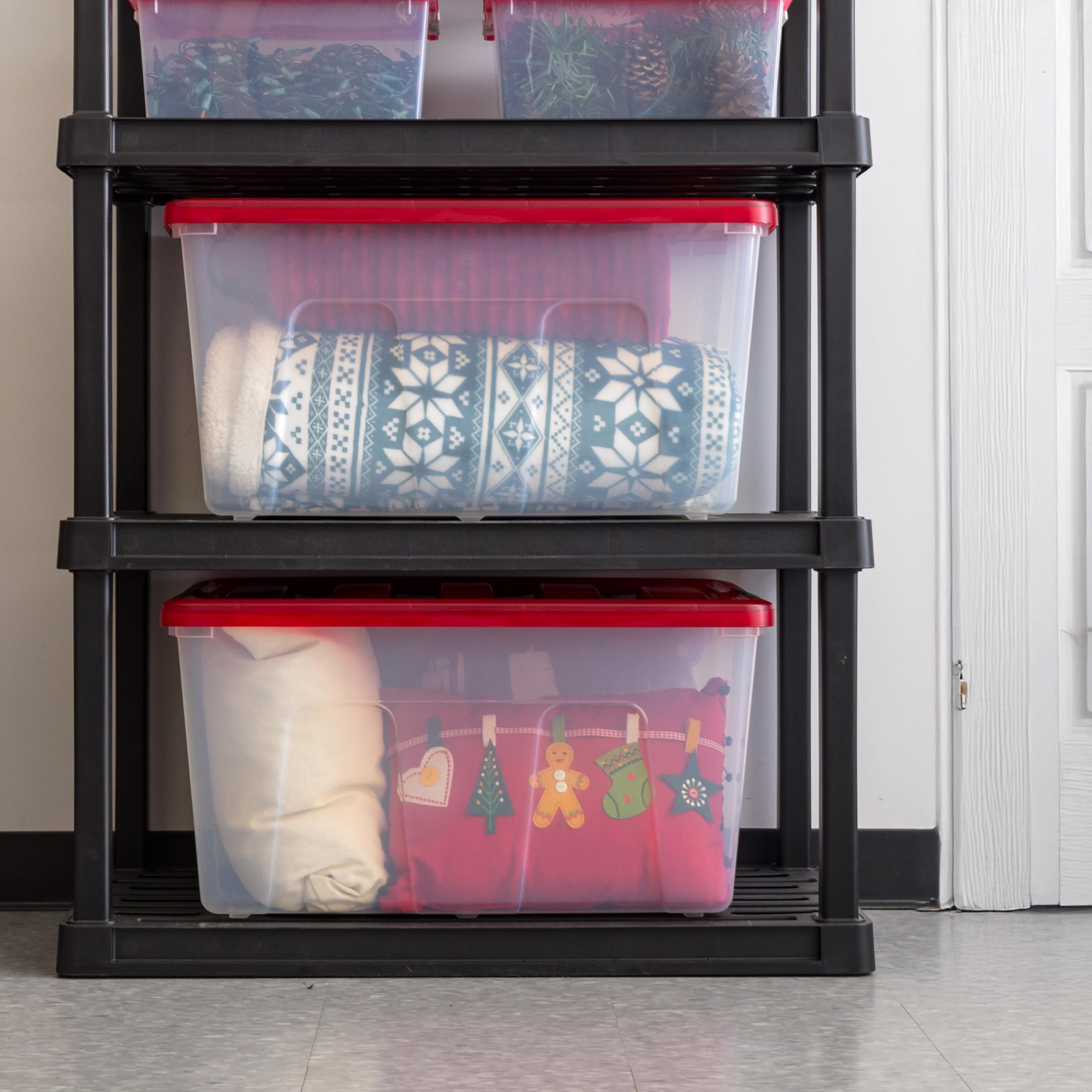 IRIS USA 94 Quart Stackable Plastic Storage Bins with Lids & Latching Buckles, 2-Pack - Clear/Red | Durable Holiday, Closet, Garage & Home Organization Containers | Perfect for Seasonal Decor, Toys & Household Storage