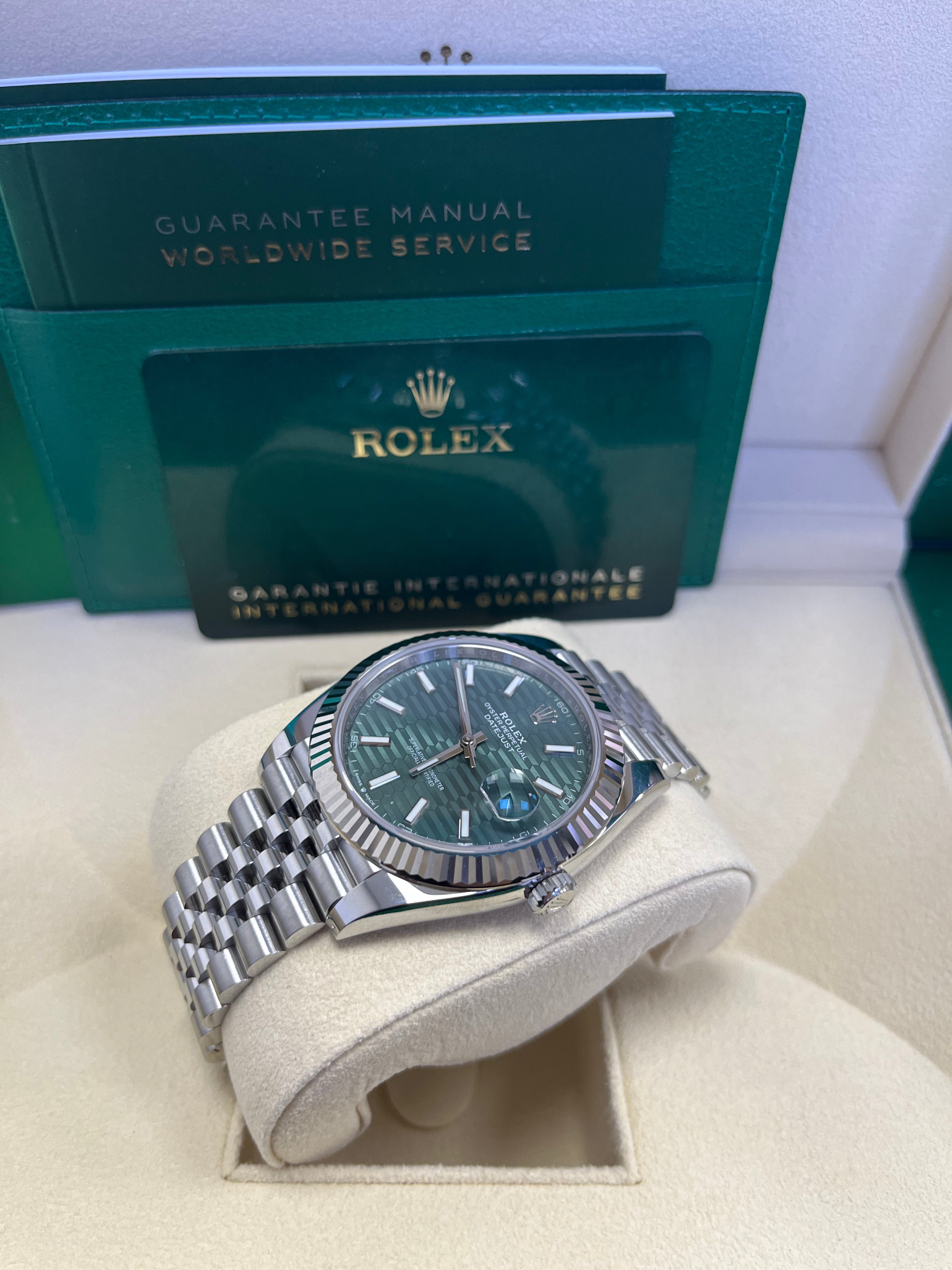 Rolex Datejust 41mm White Gold & Steel Watch with Mint Green Fluted Motif Dial & Fluted Bezel - Jubilee Bracelet Ref#126334 | Luxury Dress Watch for Men, Business & Formal Occasions