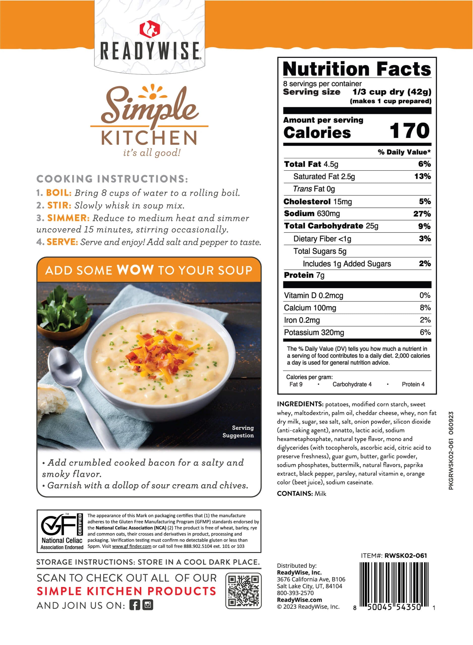 ReadyWise 6 Pack Cheddar Potato Soup Mix - 8 Servings per Pack, Easy to Prepare, Long Shelf Life - Perfect for Camping, Emergency Food Storage & Quick Meals