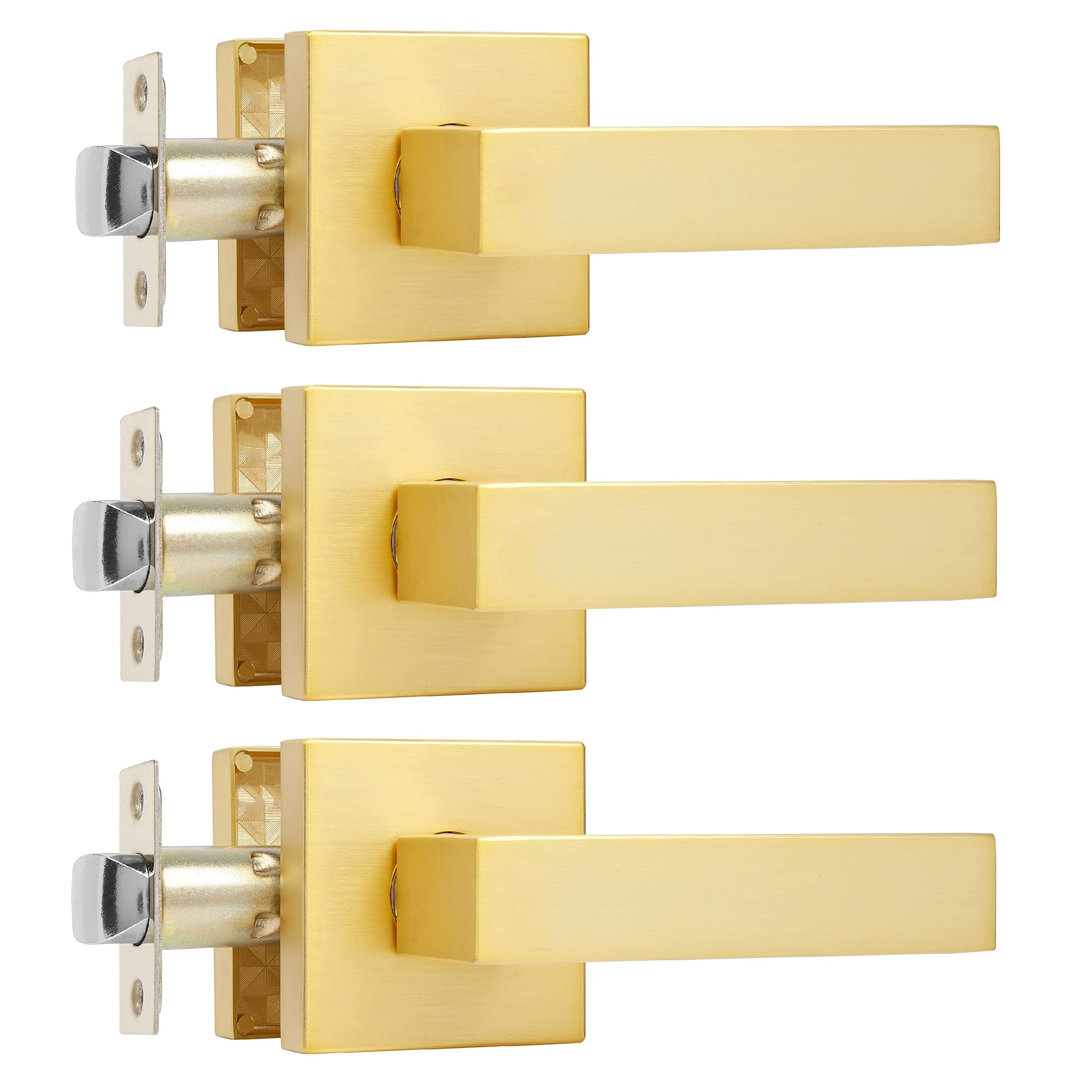 Brushed Gold Keyless Door Handles 3 Pack - Satin Brass Finish for Closet & Hallway
